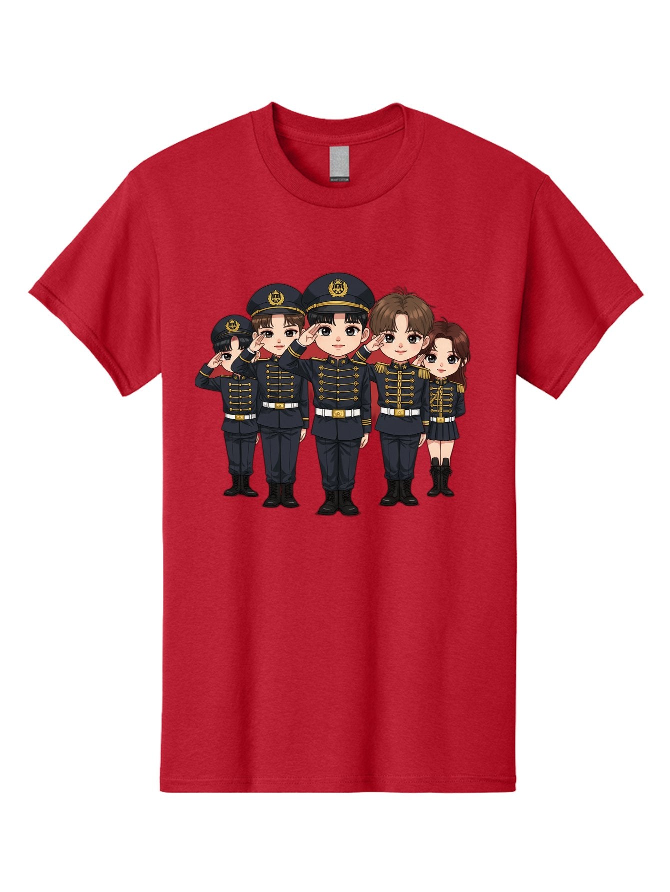 K-Pop-Group-Military-Uniform Men'S Graphic Tee, 100% Cotton, Comfortable Casual Summer Wear, Machine Washable, Anime Characters In Military Uniforms, Cartoon Illustration, Japanese Pop Culture, K-Pop Style, Military Attire, Saluting Pose, Bac099 7
