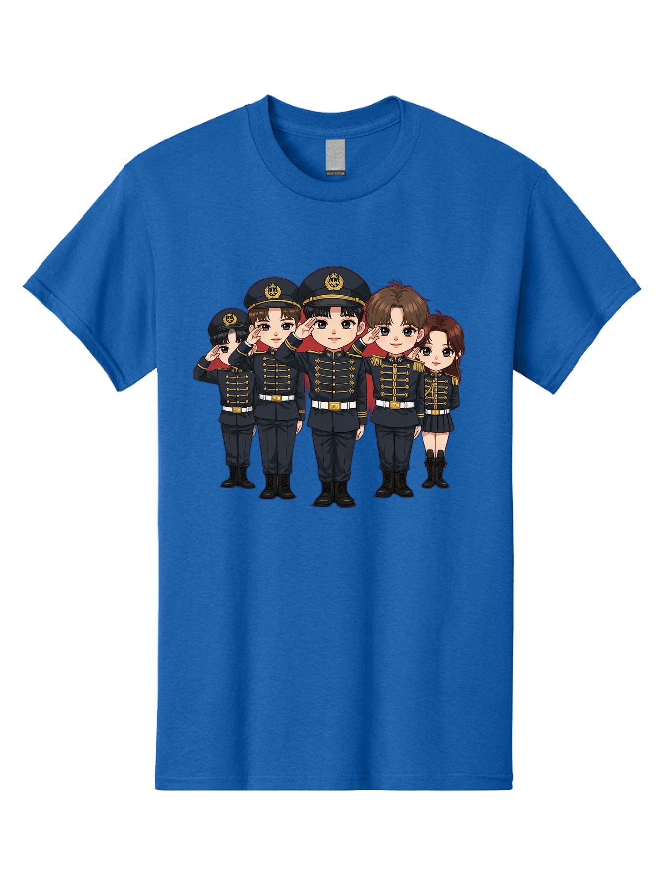 K-Pop-Group-Military-Uniform Men'S Graphic Tee, 100% Cotton, Comfortable Casual Summer Wear, Machine Washable, Anime Characters In Military Uniforms, Cartoon Illustration, Japanese Pop Culture, K-Pop Style, Military Attire, Saluting Pose, Bac099 14