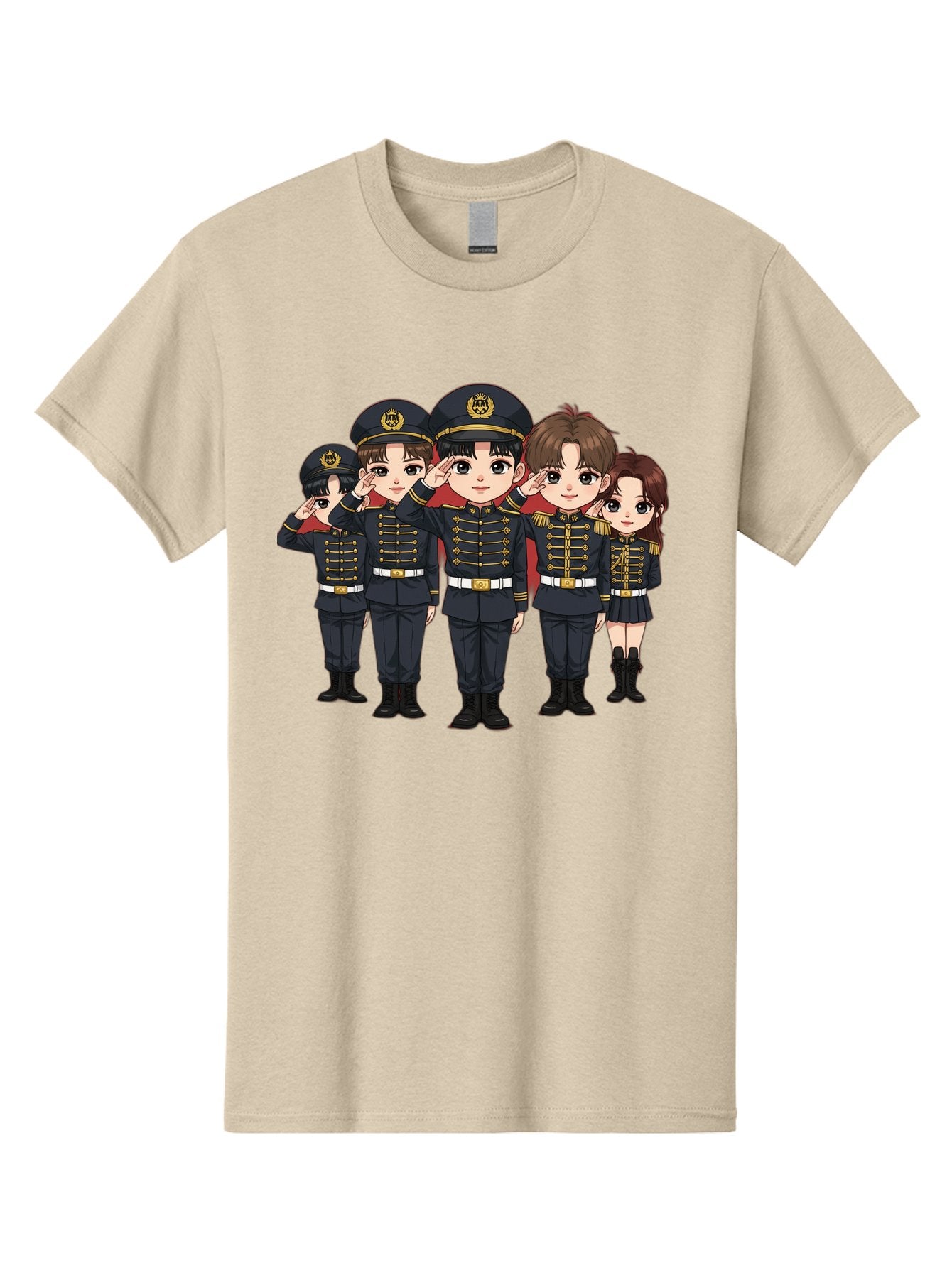 K-Pop-Group-Military-Uniform Men'S Graphic Tee, 100% Cotton, Comfortable Casual Summer Wear, Machine Washable, Anime Characters In Military Uniforms, Cartoon Illustration, Japanese Pop Culture, K-Pop Style, Military Attire, Saluting Pose, Bac099