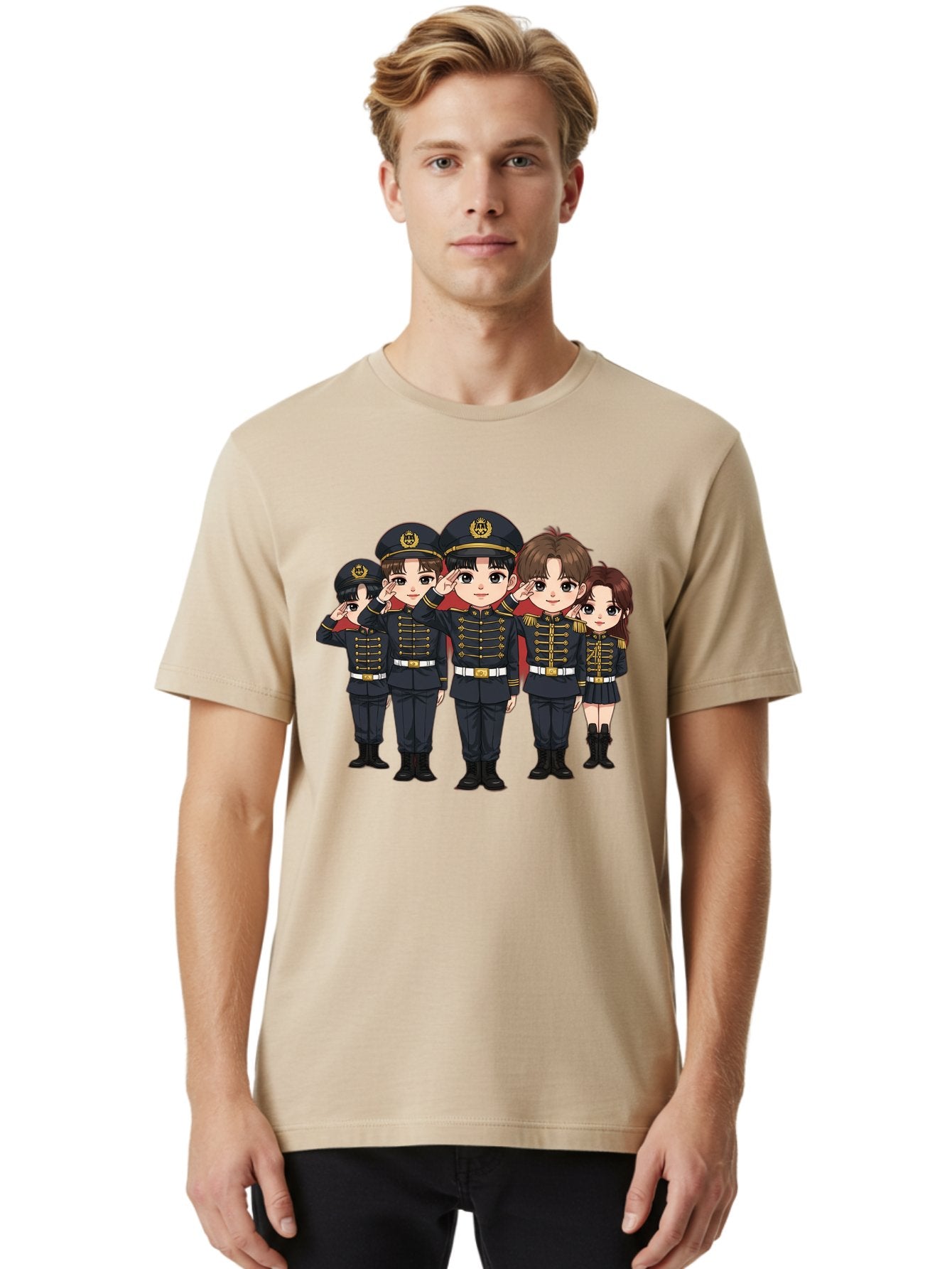 K-Pop-Group-Military-Uniform Men'S Graphic Tee, 100% Cotton, Comfortable Casual Summer Wear, Machine Washable, Anime Characters In Military Uniforms, Cartoon Illustration, Japanese Pop Culture, K-Pop Style, Military Attire, Saluting Pose, Bac099 21