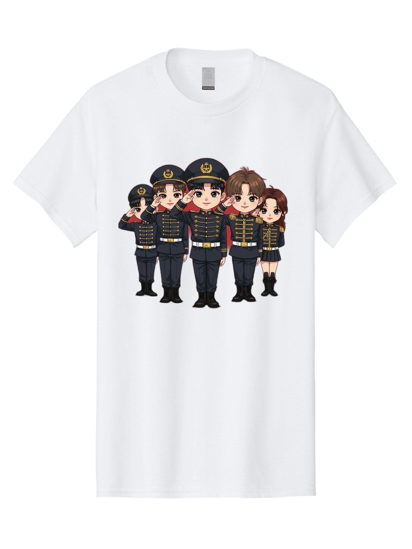 K-Pop-Group-Military-Uniform Men'S Graphic Tee, 100% Cotton, Comfortable Casual Summer Wear, Machine Washable, Anime Characters In Military Uniforms, Cartoon Illustration, Japanese Pop Culture, K-Pop Style, Military Attire, Saluting Pose, Bac099 15