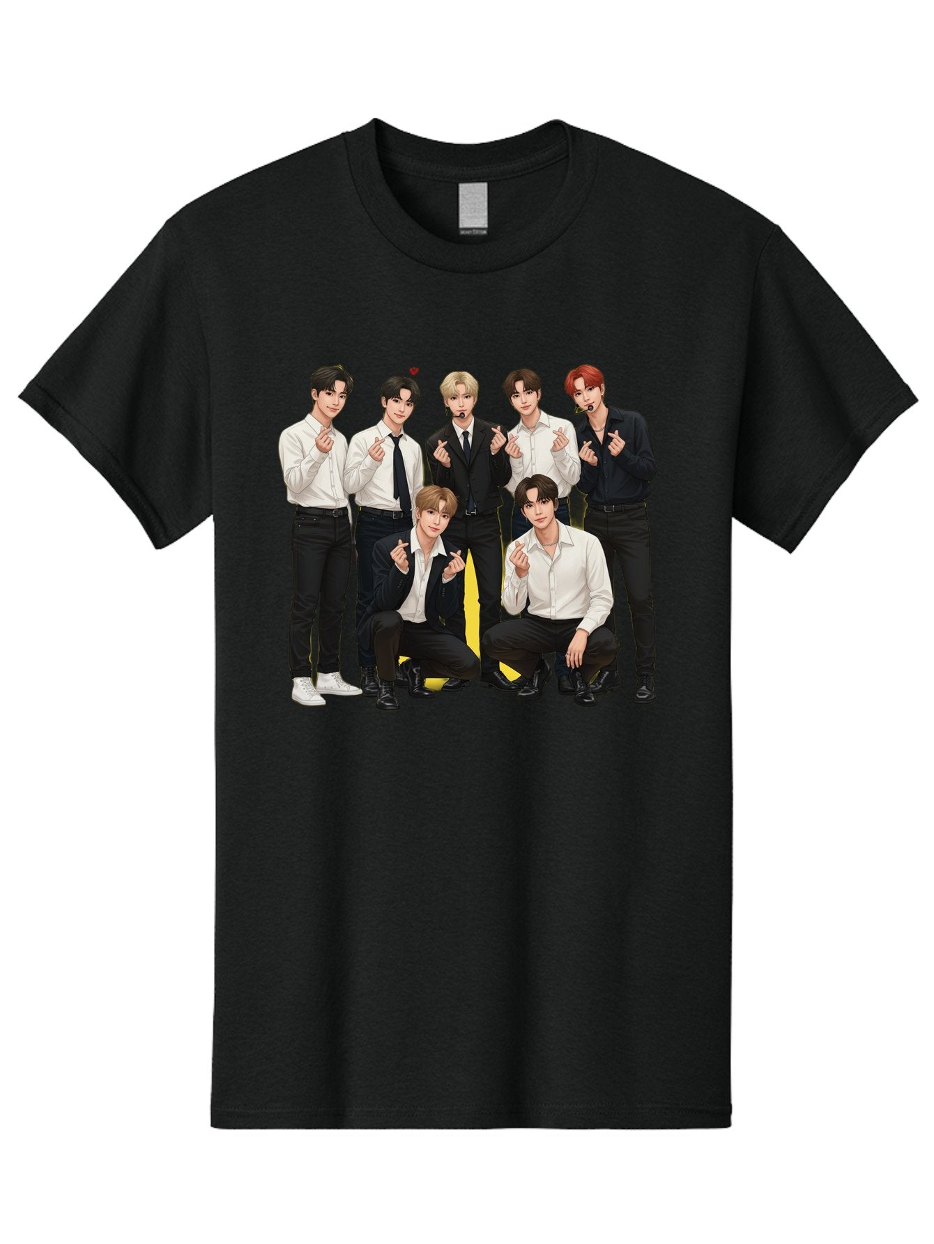 K-Pop-Group Men'S Graphic Tee, 100% Cotton, Comfortable Casual Summer Wear, Machine Washable, Seven-Member K-Pop Group, Formal Attire, Black And White Clothing, Posing For A Photo, Headsets, Finger Hearts, Group Shot, K-Pop Fashion, Bac100 9