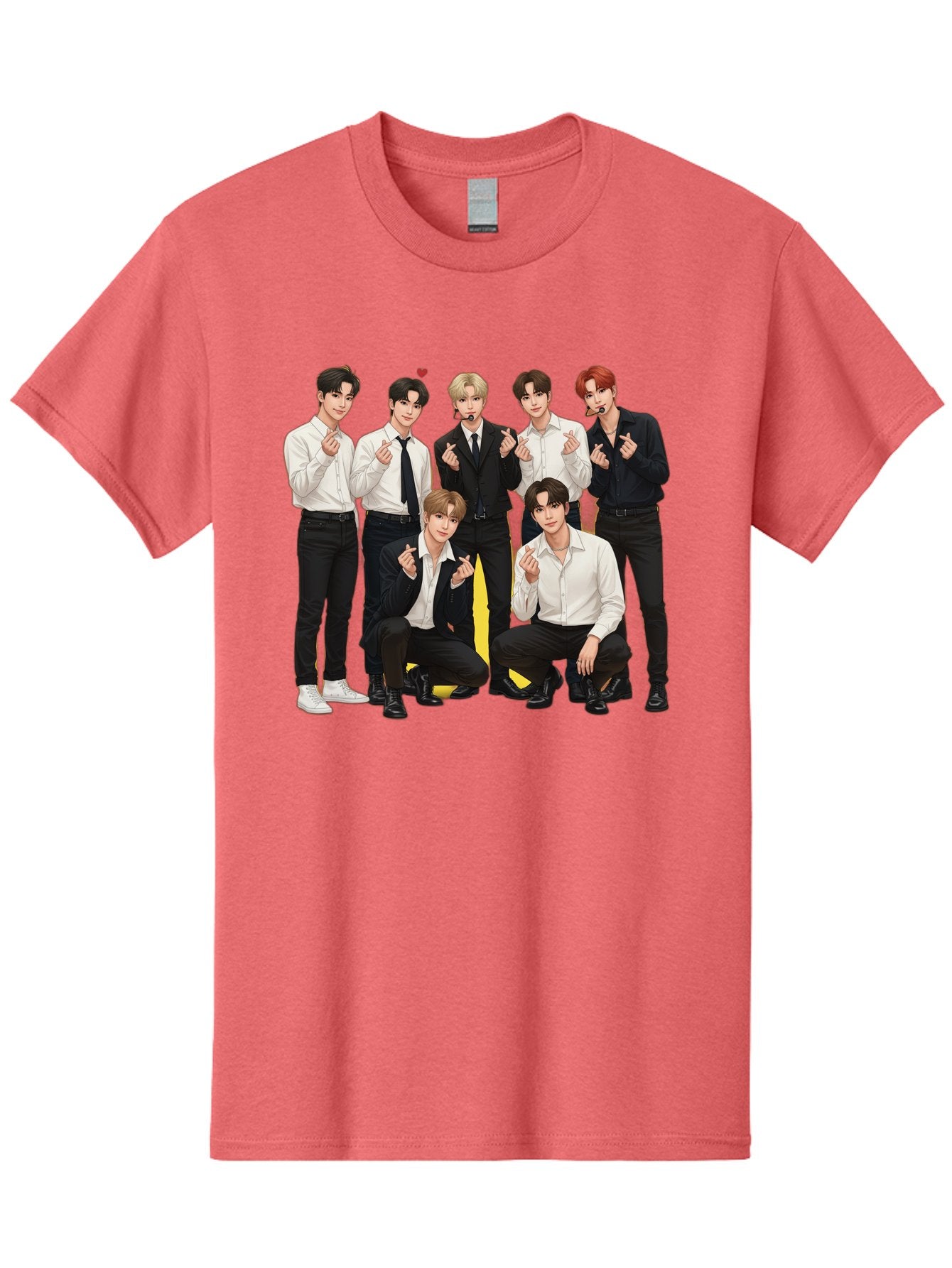 K-Pop-Group Men'S Graphic Tee, 100% Cotton, Comfortable Casual Summer Wear, Machine Washable, Seven-Member K-Pop Group, Formal Attire, Black And White Clothing, Posing For A Photo, Headsets, Finger Hearts, Group Shot, K-Pop Fashion, Bac100 13