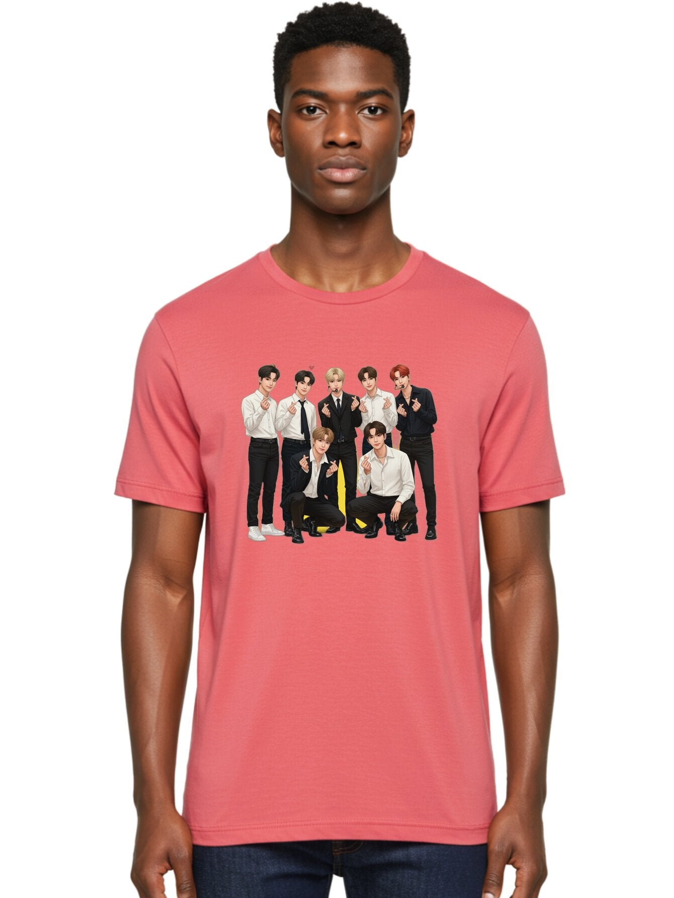 K-Pop-Group Men'S Graphic Tee, 100% Cotton, Comfortable Casual Summer Wear, Machine Washable, Seven-Member K-Pop Group, Formal Attire, Black And White Clothing, Posing For A Photo, Headsets, Finger Hearts, Group Shot, K-Pop Fashion, Bac100 20