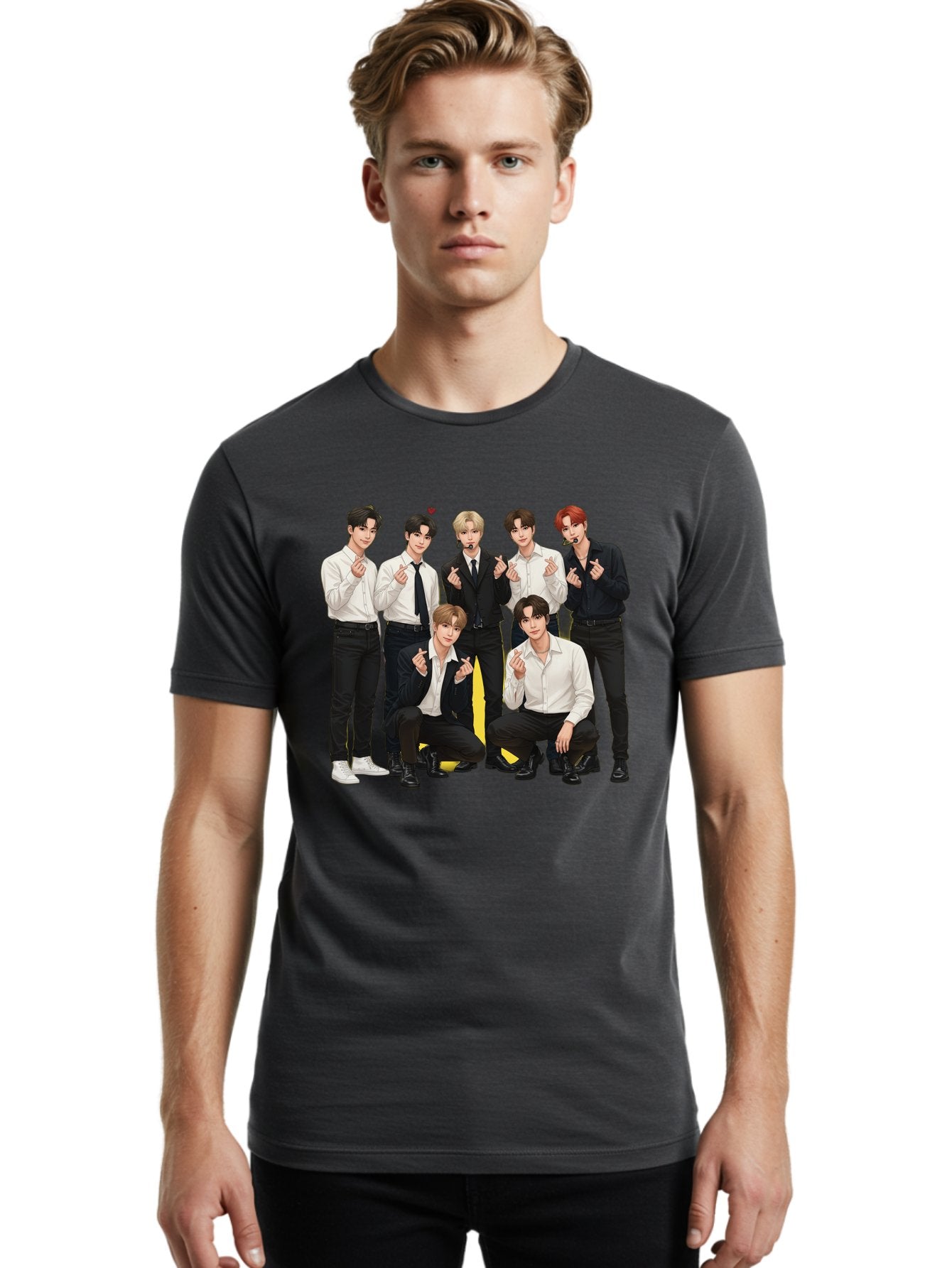 K-Pop-Group Men'S Graphic Tee, 100% Cotton, Comfortable Casual Summer Wear, Machine Washable, Seven-Member K-Pop Group, Formal Attire, Black And White Clothing, Posing For A Photo, Headsets, Finger Hearts, Group Shot, K-Pop Fashion, Bac100 18
