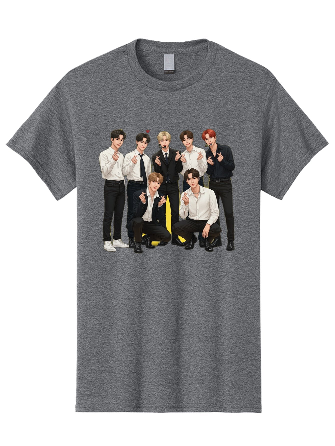 K-Pop-Group Men'S Graphic Tee, 100% Cotton, Comfortable Casual Summer Wear, Machine Washable, Seven-Member K-Pop Group, Formal Attire, Black And White Clothing, Posing For A Photo, Headsets, Finger Hearts, Group Shot, K-Pop Fashion, Bac100 3