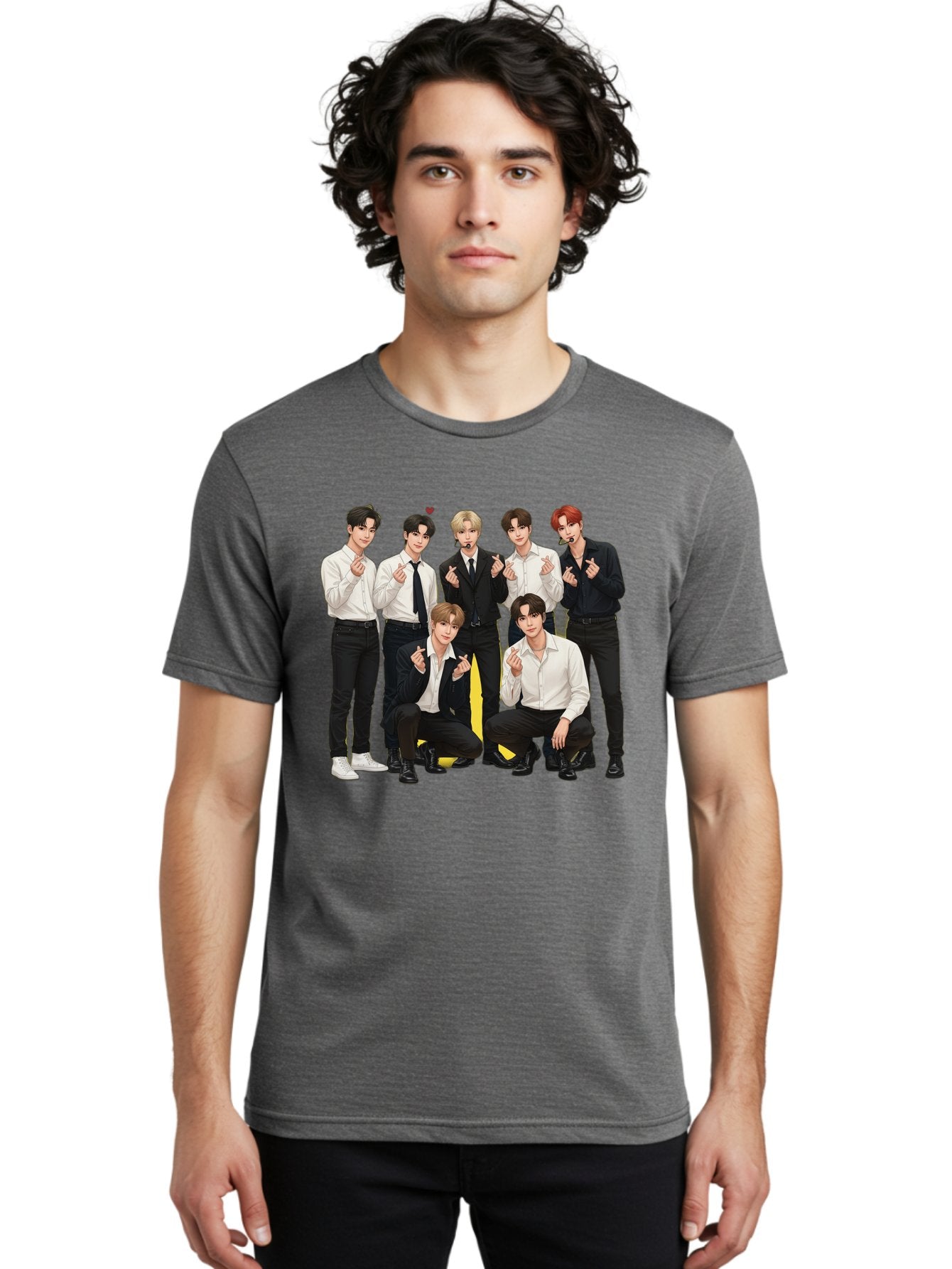 K-Pop-Group Men'S Graphic Tee, 100% Cotton, Comfortable Casual Summer Wear, Machine Washable, Seven-Member K-Pop Group, Formal Attire, Black And White Clothing, Posing For A Photo, Headsets, Finger Hearts, Group Shot, K-Pop Fashion, Bac100 22