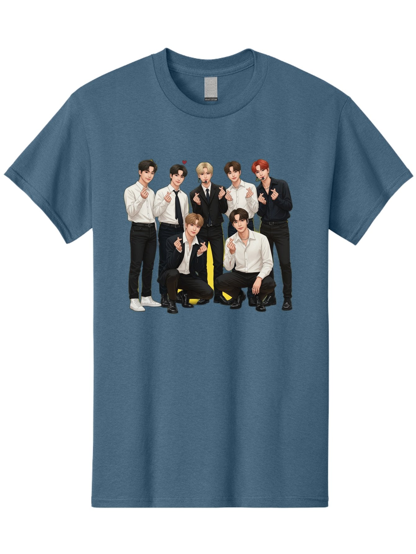 K-Pop-Group Men'S Graphic Tee, 100% Cotton, Comfortable Casual Summer Wear, Machine Washable, Seven-Member K-Pop Group, Formal Attire, Black And White Clothing, Posing For A Photo, Headsets, Finger Hearts, Group Shot, K-Pop Fashion, Bac100 5