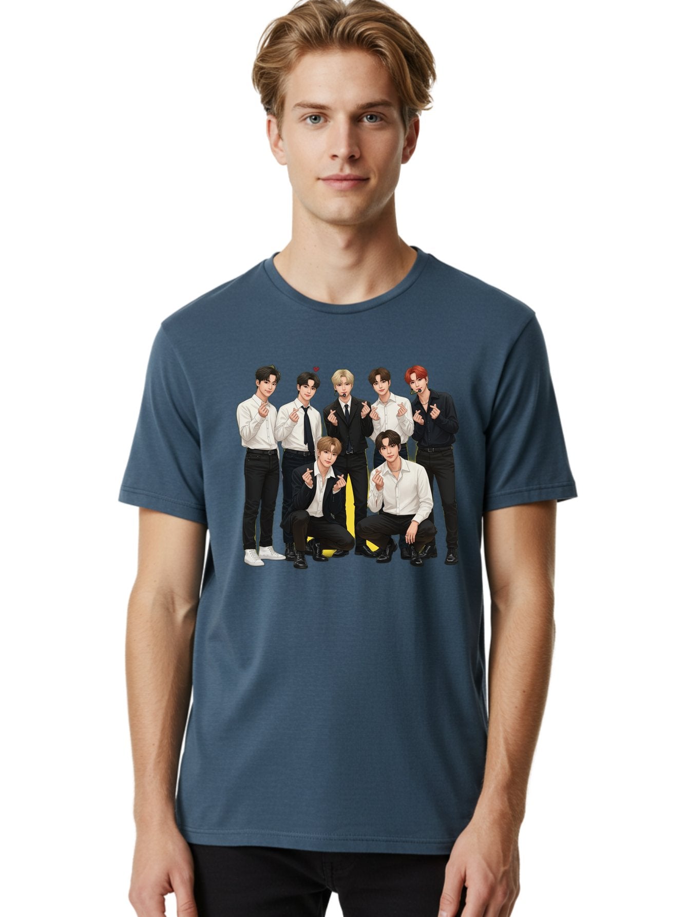 K-Pop-Group Men'S Graphic Tee, 100% Cotton, Comfortable Casual Summer Wear, Machine Washable, Seven-Member K-Pop Group, Formal Attire, Black And White Clothing, Posing For A Photo, Headsets, Finger Hearts, Group Shot, K-Pop Fashion, Bac100 23