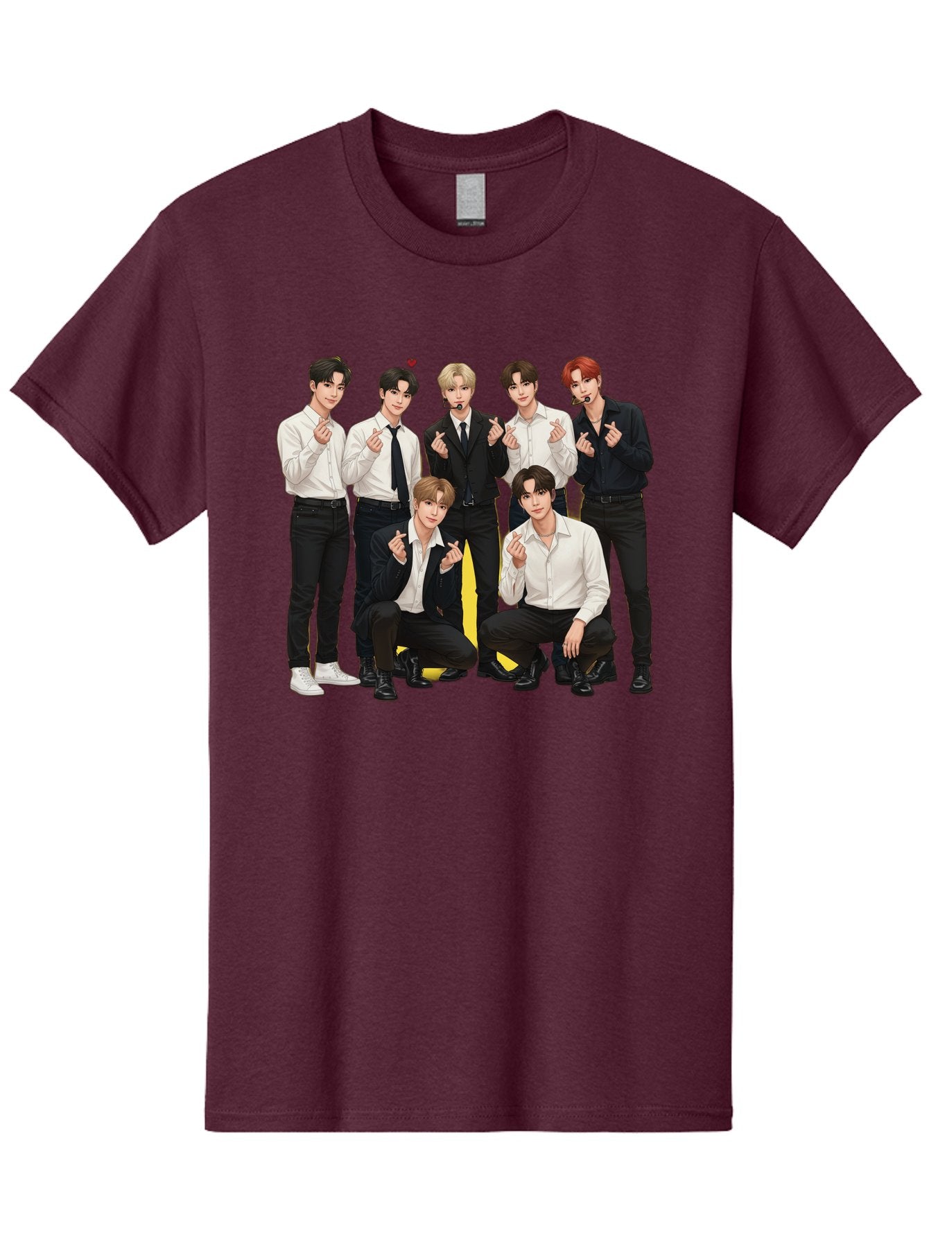 K-Pop-Group Men'S Graphic Tee, 100% Cotton, Comfortable Casual Summer Wear, Machine Washable, Seven-Member K-Pop Group, Formal Attire, Black And White Clothing, Posing For A Photo, Headsets, Finger Hearts, Group Shot, K-Pop Fashion, Bac100 12