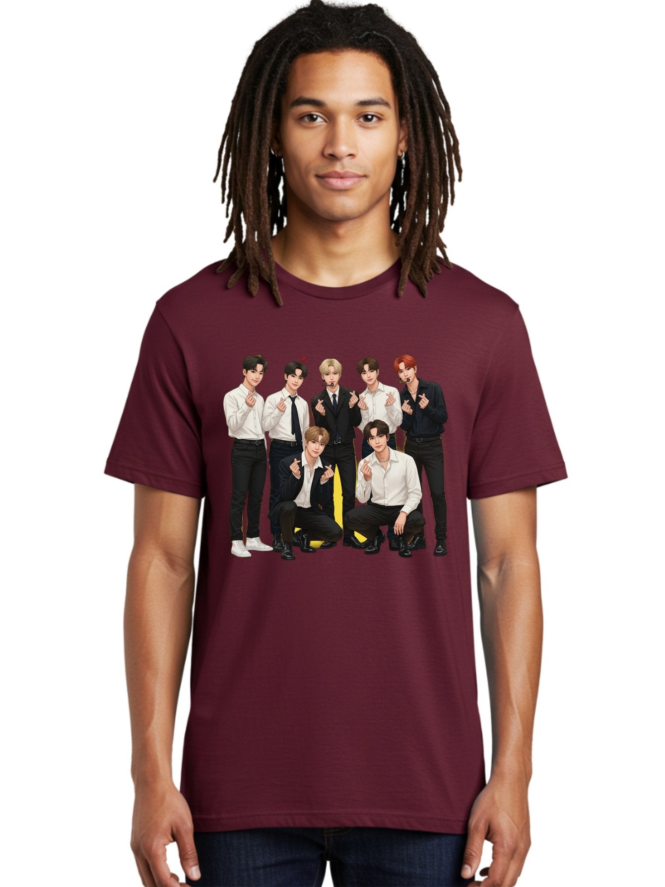 K-Pop-Group Men'S Graphic Tee, 100% Cotton, Comfortable Casual Summer Wear, Machine Washable, Seven-Member K-Pop Group, Formal Attire, Black And White Clothing, Posing For A Photo, Headsets, Finger Hearts, Group Shot, K-Pop Fashion, Bac100 28