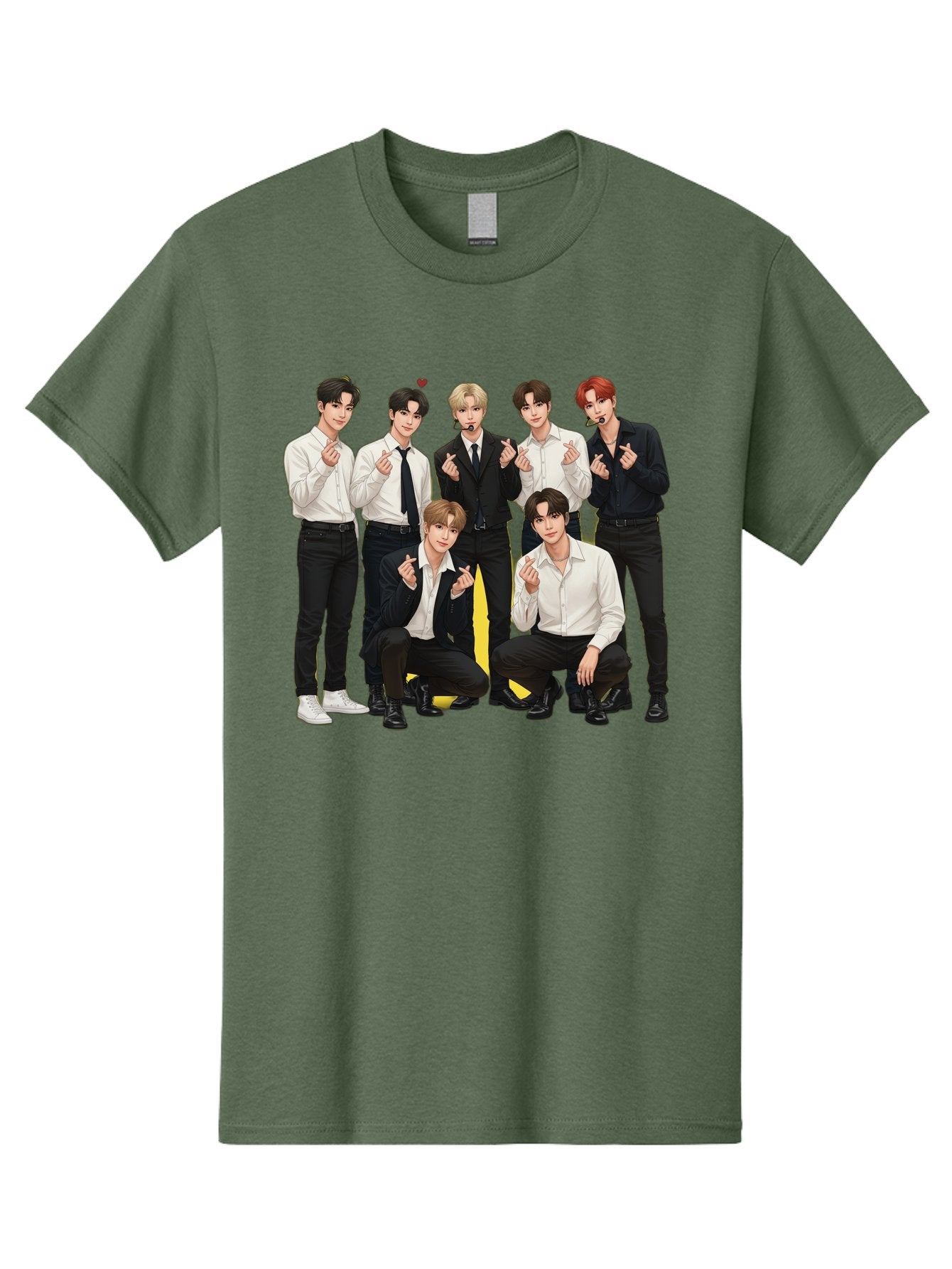 K-Pop-Group Men'S Graphic Tee, 100% Cotton, Comfortable Casual Summer Wear, Machine Washable, Seven-Member K-Pop Group, Formal Attire, Black And White Clothing, Posing For A Photo, Headsets, Finger Hearts, Group Shot, K-Pop Fashion, Bac100 11