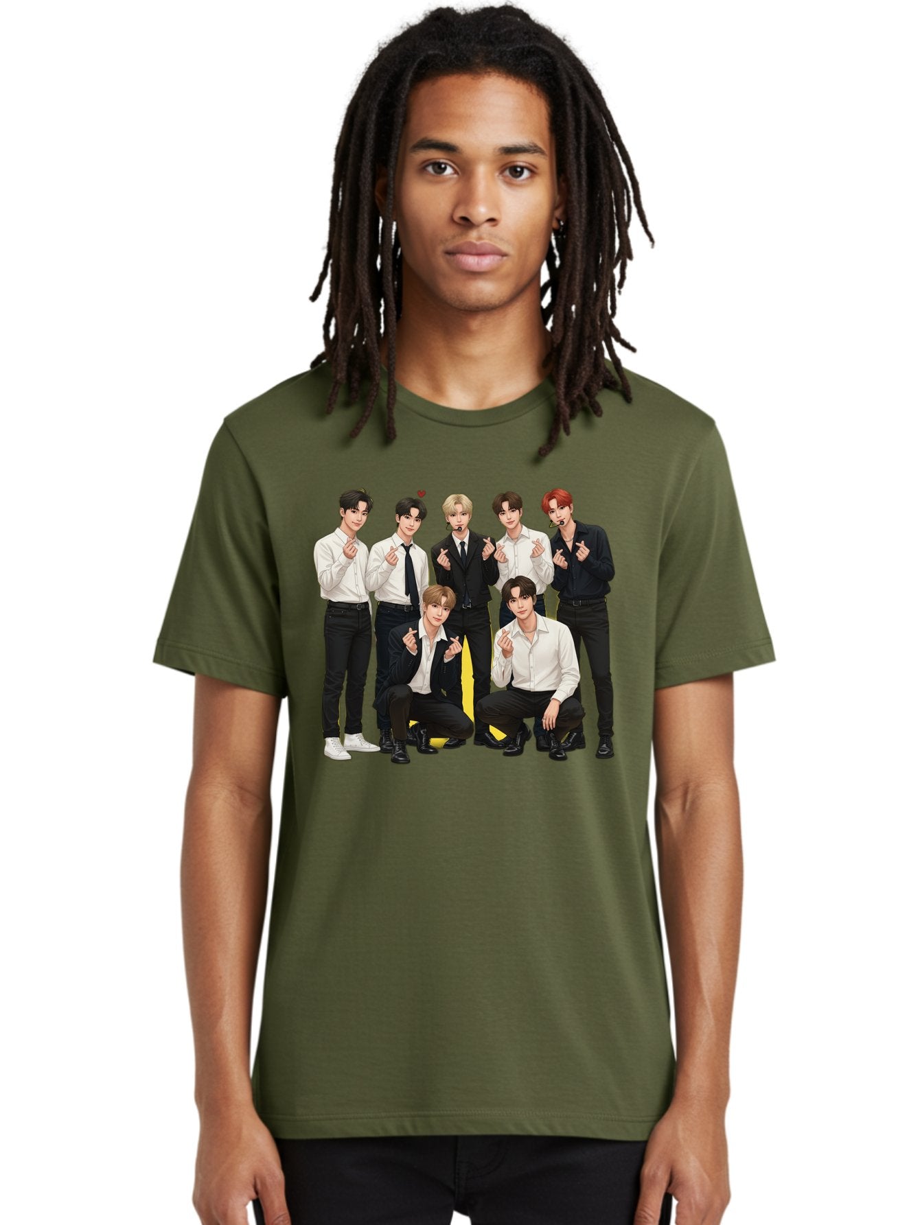 K-Pop-Group Men'S Graphic Tee, 100% Cotton, Comfortable Casual Summer Wear, Machine Washable, Seven-Member K-Pop Group, Formal Attire, Black And White Clothing, Posing For A Photo, Headsets, Finger Hearts, Group Shot, K-Pop Fashion, Bac100 27