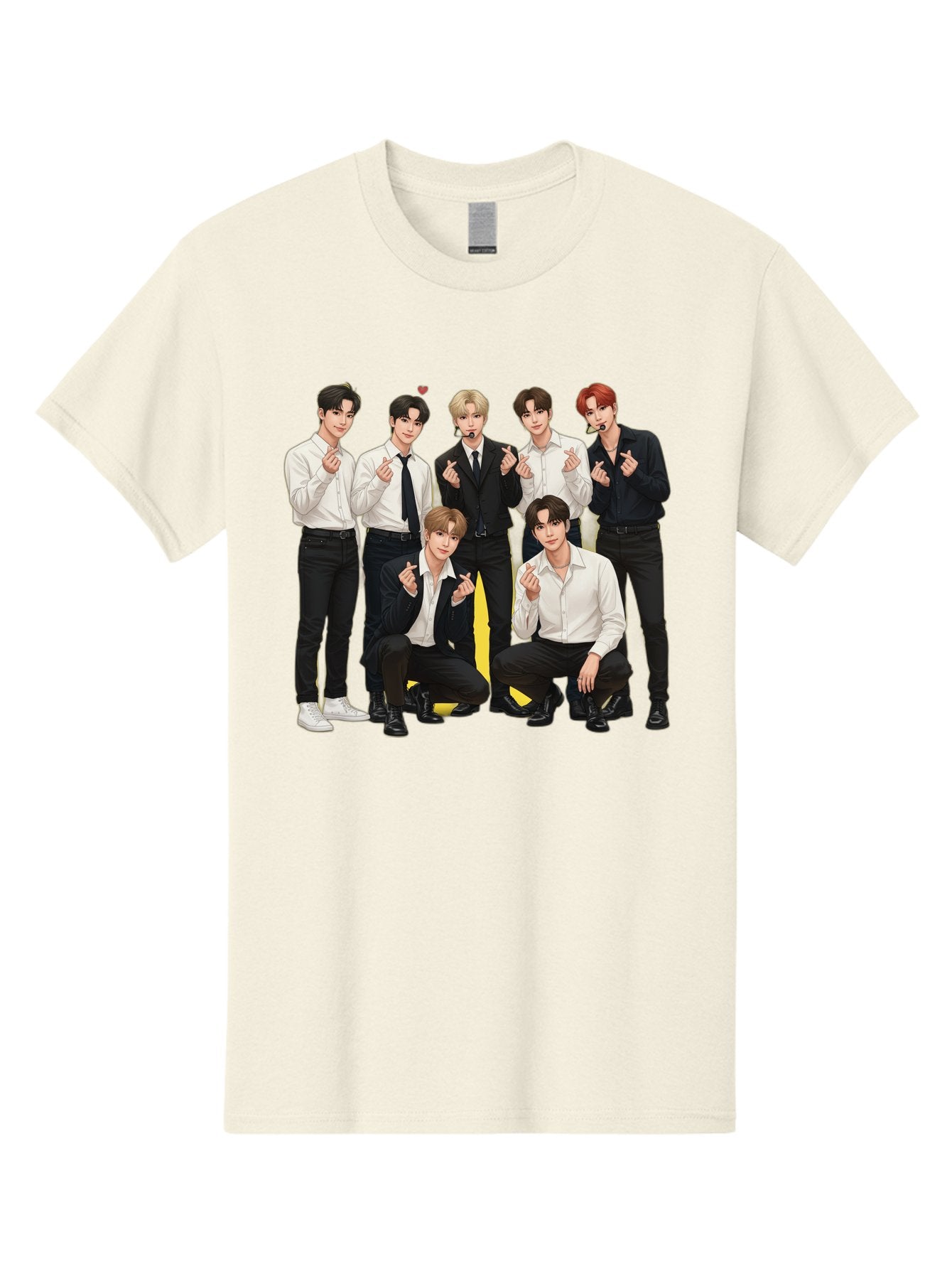 K-Pop-Group Men'S Graphic Tee, 100% Cotton, Comfortable Casual Summer Wear, Machine Washable, Seven-Member K-Pop Group, Formal Attire, Black And White Clothing, Posing For A Photo, Headsets, Finger Hearts, Group Shot, K-Pop Fashion, Bac100 14