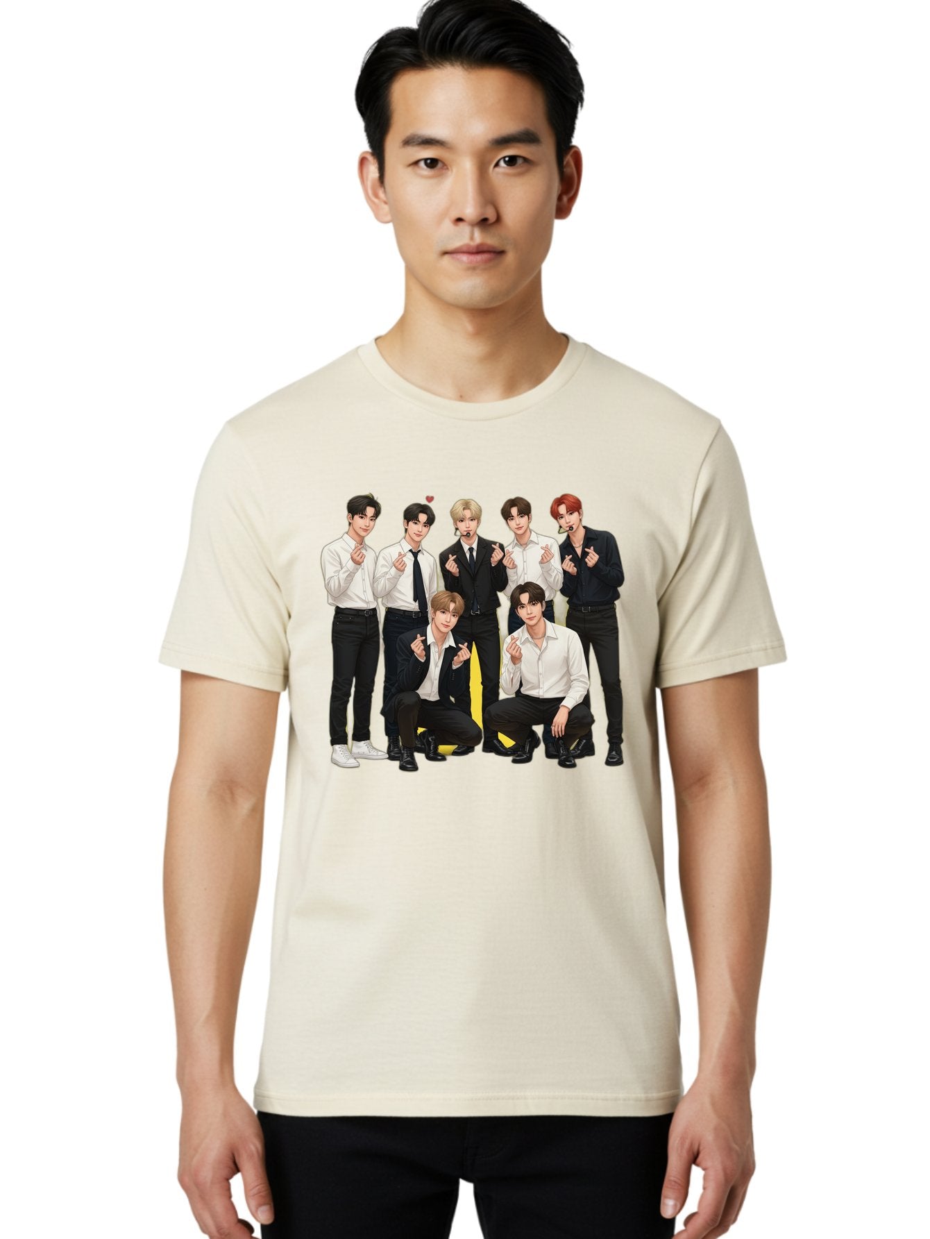 K-Pop-Group Men'S Graphic Tee, 100% Cotton, Comfortable Casual Summer Wear, Machine Washable, Seven-Member K-Pop Group, Formal Attire, Black And White Clothing, Posing For A Photo, Headsets, Finger Hearts, Group Shot, K-Pop Fashion, Bac100 29