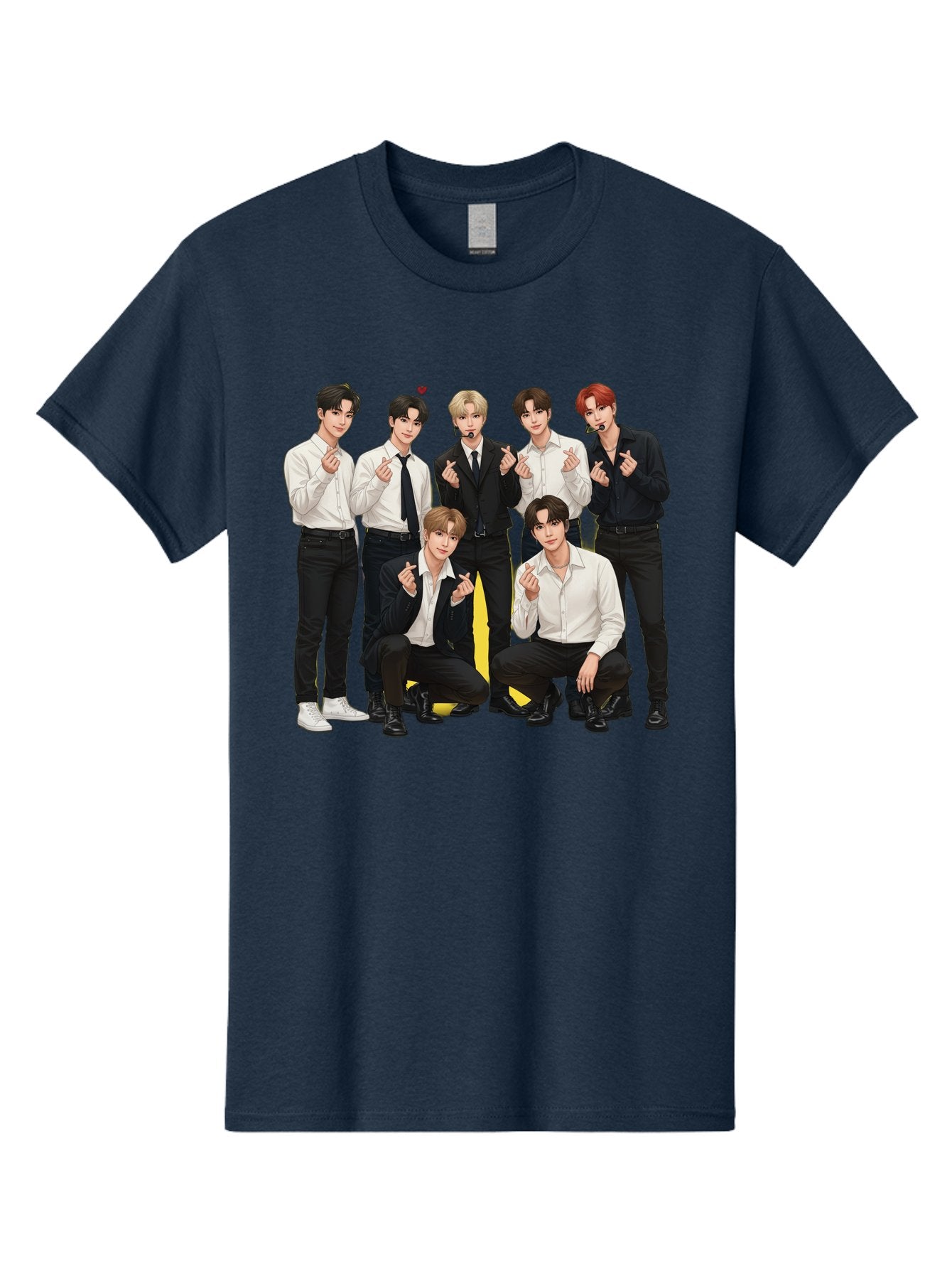 K-Pop-Group Men'S Graphic Tee, 100% Cotton, Comfortable Casual Summer Wear, Machine Washable, Seven-Member K-Pop Group, Formal Attire, Black And White Clothing, Posing For A Photo, Headsets, Finger Hearts, Group Shot, K-Pop Fashion, Bac100 7