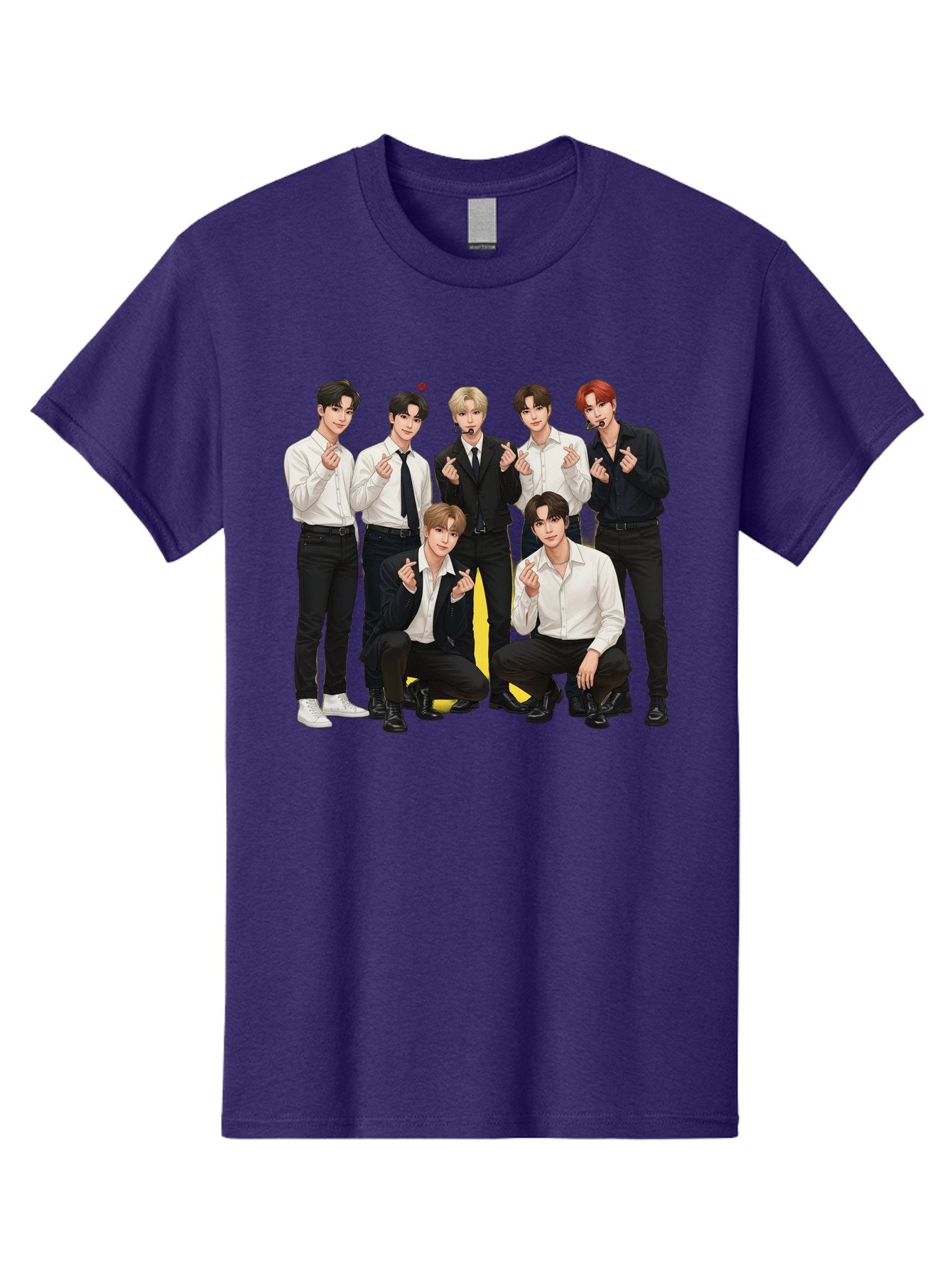 K-Pop-Group Men'S Graphic Tee, 100% Cotton, Comfortable Casual Summer Wear, Machine Washable, Seven-Member K-Pop Group, Formal Attire, Black And White Clothing, Posing For A Photo, Headsets, Finger Hearts, Group Shot, K-Pop Fashion, Bac100