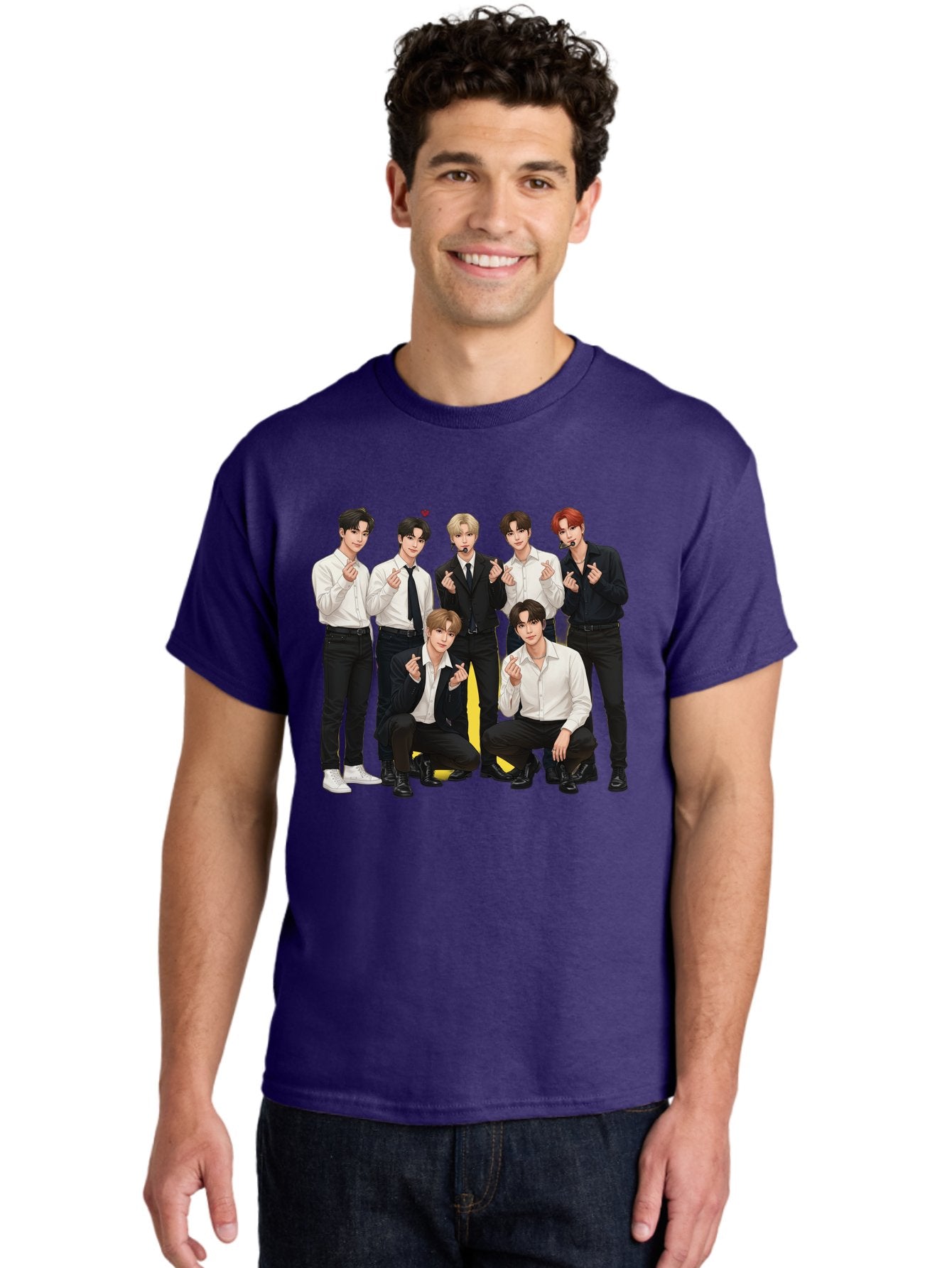 K-Pop-Group Men'S Graphic Tee, 100% Cotton, Comfortable Casual Summer Wear, Machine Washable, Seven-Member K-Pop Group, Formal Attire, Black And White Clothing, Posing For A Photo, Headsets, Finger Hearts, Group Shot, K-Pop Fashion, Bac100 21