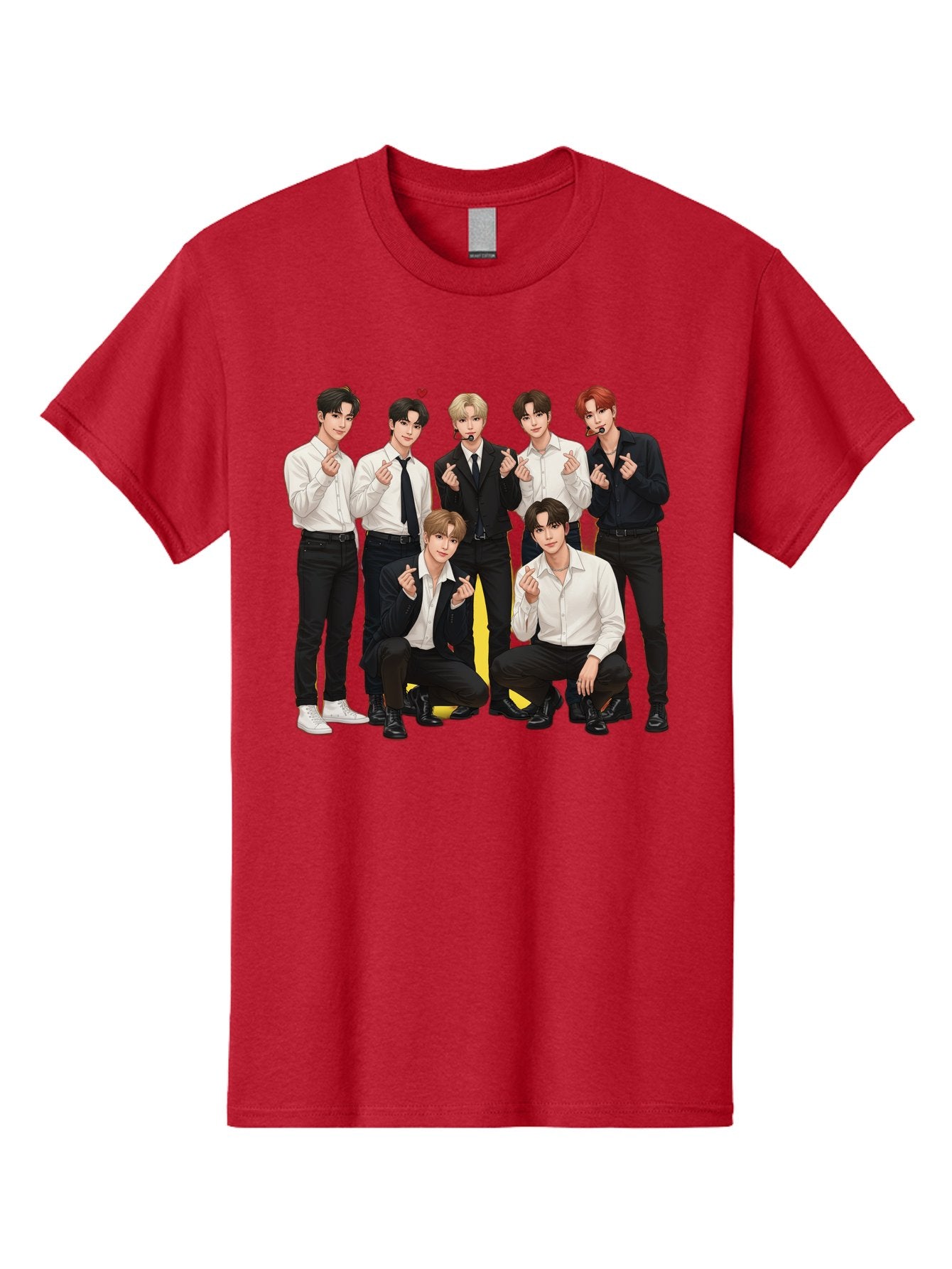 K-Pop-Group Men'S Graphic Tee, 100% Cotton, Comfortable Casual Summer Wear, Machine Washable, Seven-Member K-Pop Group, Formal Attire, Black And White Clothing, Posing For A Photo, Headsets, Finger Hearts, Group Shot, K-Pop Fashion, Bac100 10