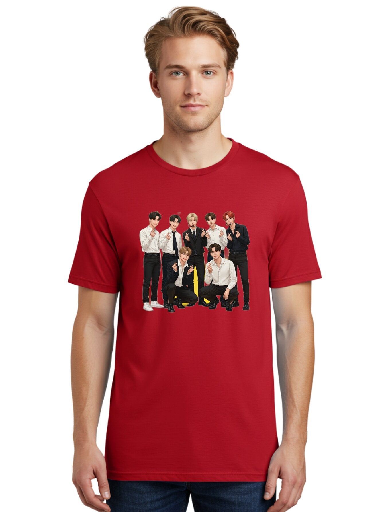 K-Pop-Group Men'S Graphic Tee, 100% Cotton, Comfortable Casual Summer Wear, Machine Washable, Seven-Member K-Pop Group, Formal Attire, Black And White Clothing, Posing For A Photo, Headsets, Finger Hearts, Group Shot, K-Pop Fashion, Bac100 17