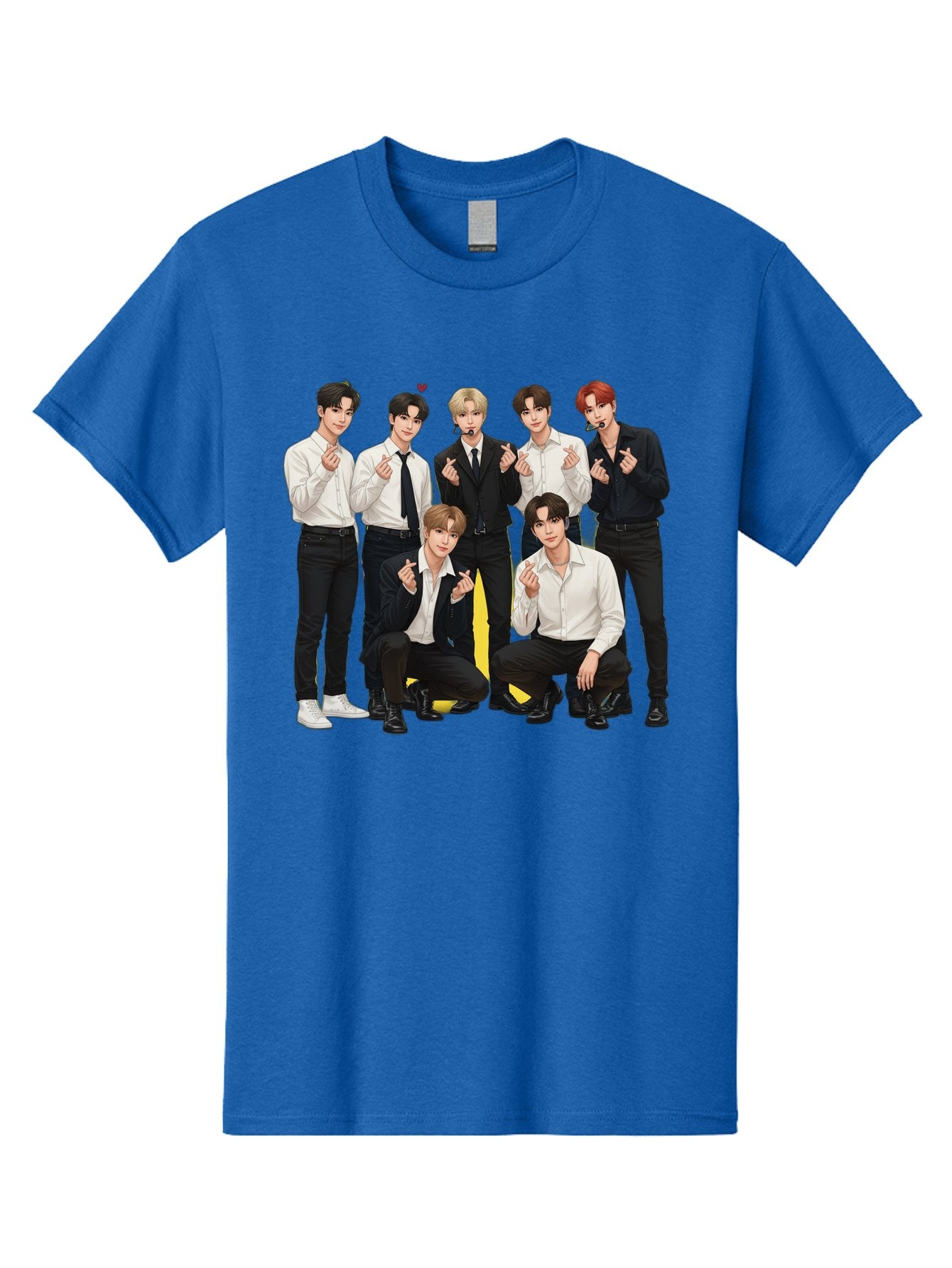 K-Pop-Group Men'S Graphic Tee, 100% Cotton, Comfortable Casual Summer Wear, Machine Washable, Seven-Member K-Pop Group, Formal Attire, Black And White Clothing, Posing For A Photo, Headsets, Finger Hearts, Group Shot, K-Pop Fashion, Bac100 15
