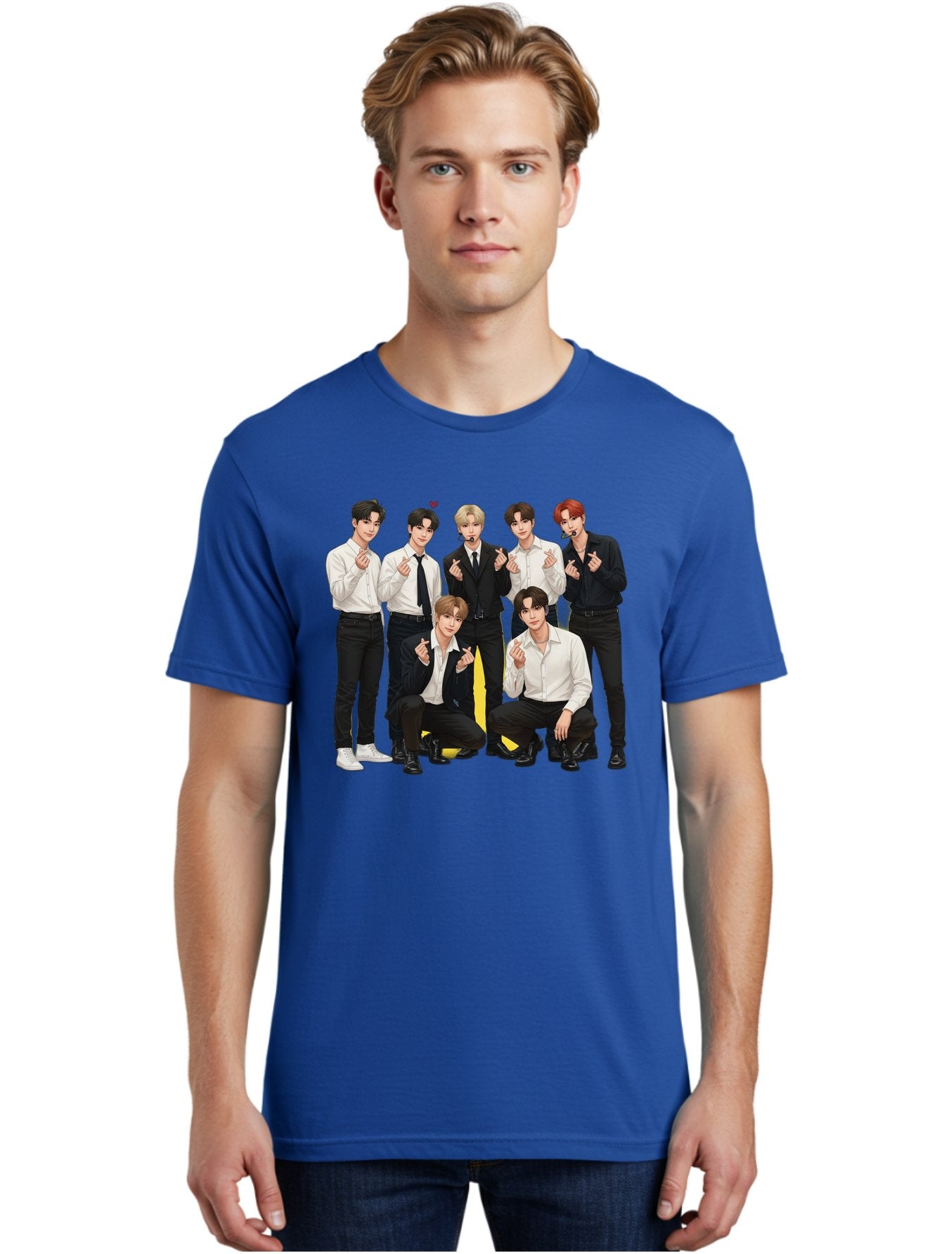K-Pop-Group Men'S Graphic Tee, 100% Cotton, Comfortable Casual Summer Wear, Machine Washable, Seven-Member K-Pop Group, Formal Attire, Black And White Clothing, Posing For A Photo, Headsets, Finger Hearts, Group Shot, K-Pop Fashion, Bac100 30