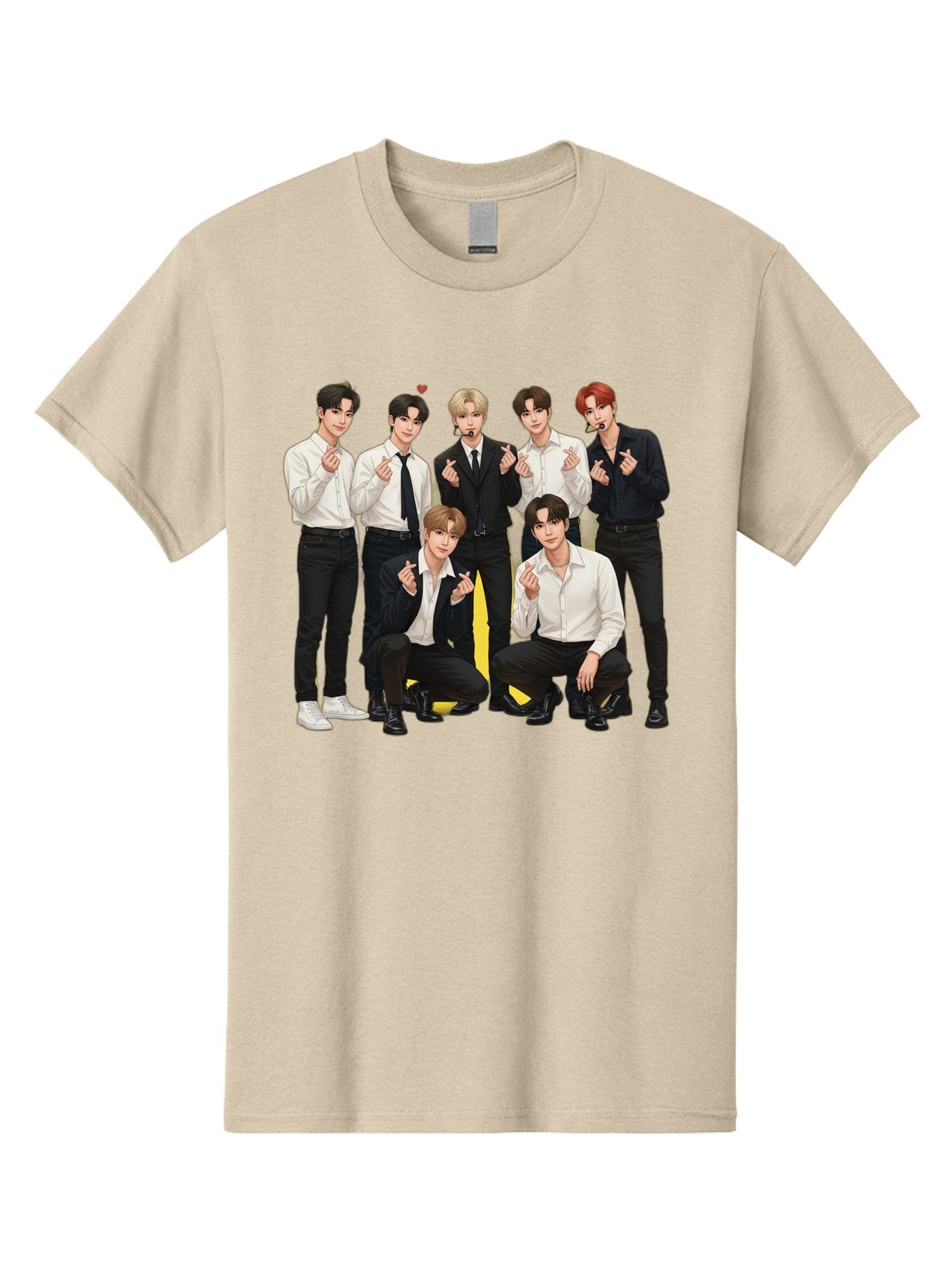 K-Pop-Group Men'S Graphic Tee, 100% Cotton, Comfortable Casual Summer Wear, Machine Washable, Seven-Member K-Pop Group, Formal Attire, Black And White Clothing, Posing For A Photo, Headsets, Finger Hearts, Group Shot, K-Pop Fashion, Bac100 8