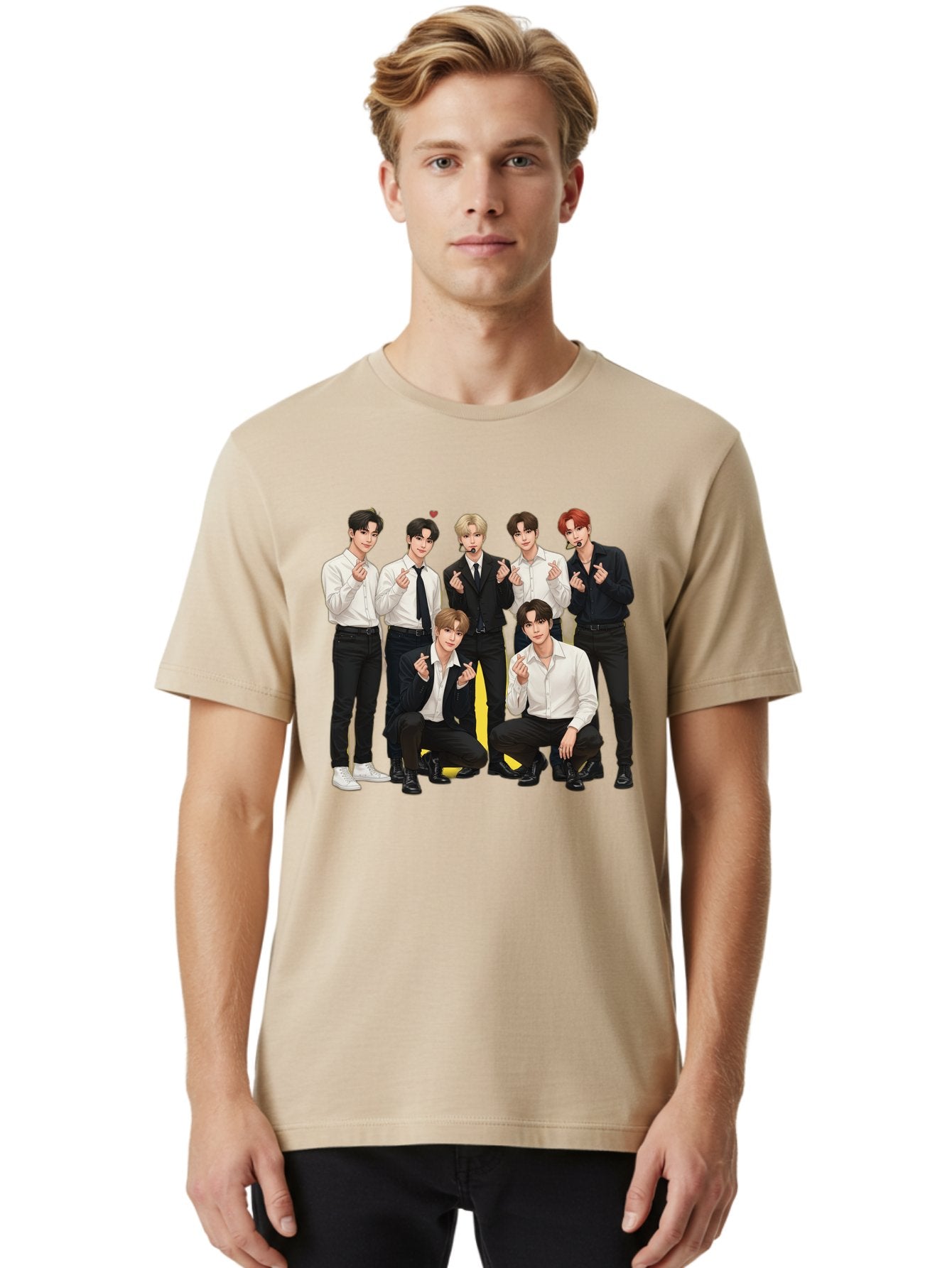 K-Pop-Group Men'S Graphic Tee, 100% Cotton, Comfortable Casual Summer Wear, Machine Washable, Seven-Member K-Pop Group, Formal Attire, Black And White Clothing, Posing For A Photo, Headsets, Finger Hearts, Group Shot, K-Pop Fashion, Bac100 25