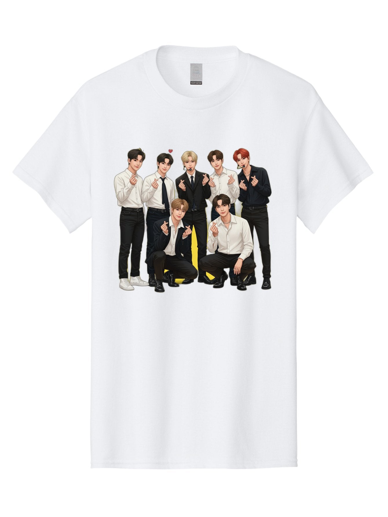 K-Pop-Group Men'S Graphic Tee, 100% Cotton, Comfortable Casual Summer Wear, Machine Washable, Seven-Member K-Pop Group, Formal Attire, Black And White Clothing, Posing For A Photo, Headsets, Finger Hearts, Group Shot, K-Pop Fashion, Bac100