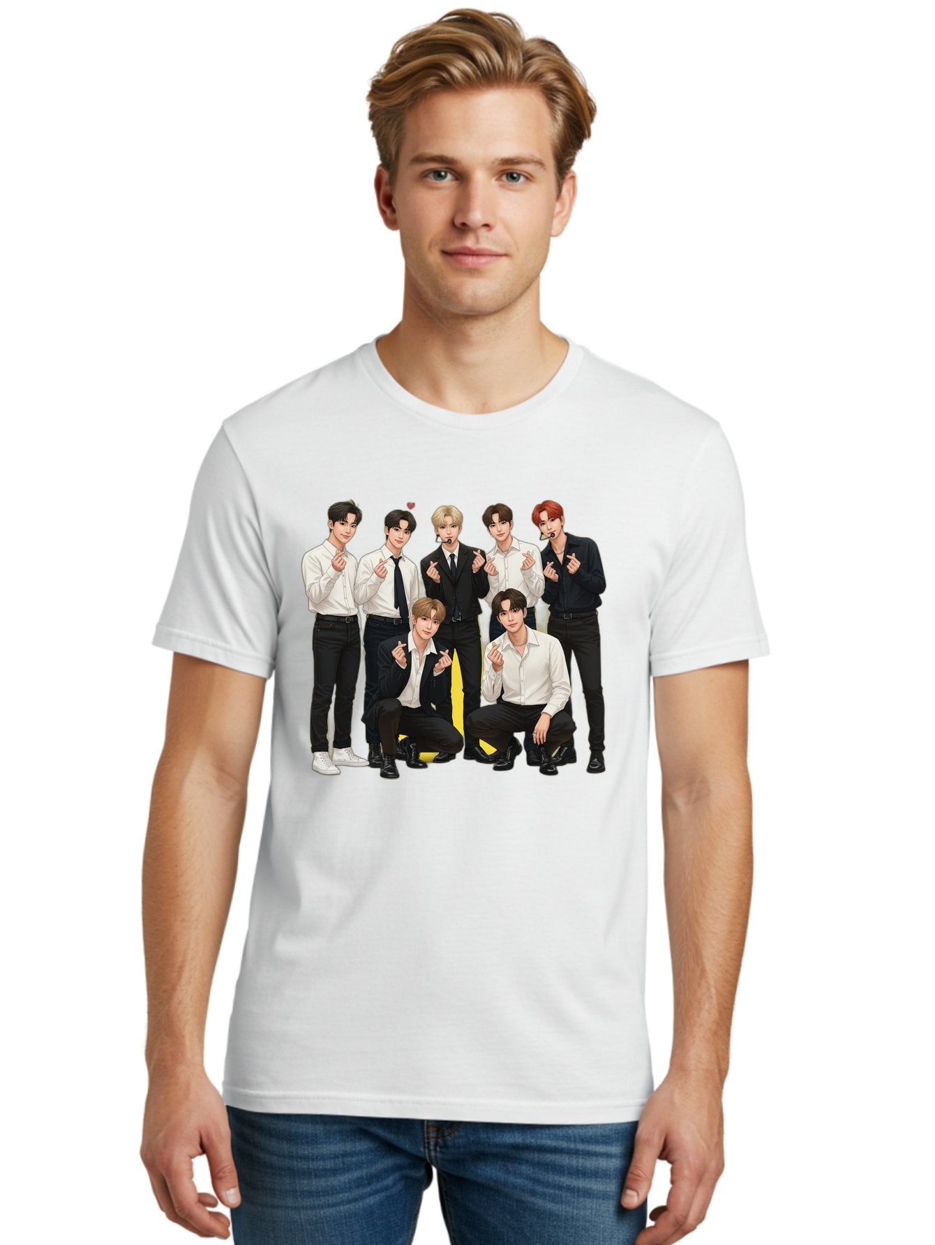 K-Pop-Group Men'S Graphic Tee, 100% Cotton, Comfortable Casual Summer Wear, Machine Washable, Seven-Member K-Pop Group, Formal Attire, Black And White Clothing, Posing For A Photo, Headsets, Finger Hearts, Group Shot, K-Pop Fashion, Bac100 19