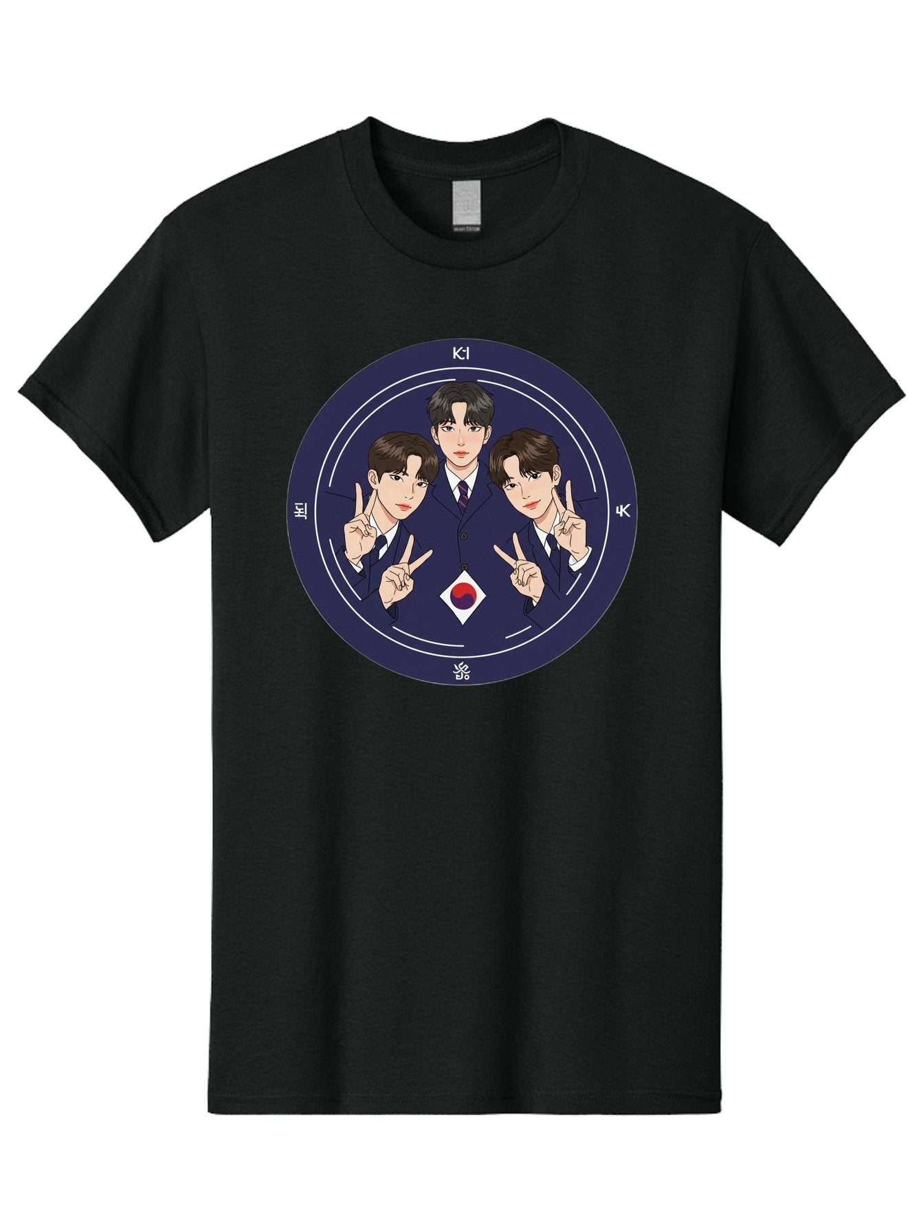 K-Pop-Idol-Trio Men'S Graphic Tee, 100% Cotton, Comfortable Casual Summer Wear, Machine Washable, K-Pop Group, Three Members, Blue Suits, Korean Flag, Peace Signs, K-Pop Fashion, Korean Pop Culture, Group Portrait, Stylish Hairstyles, Bac101 8