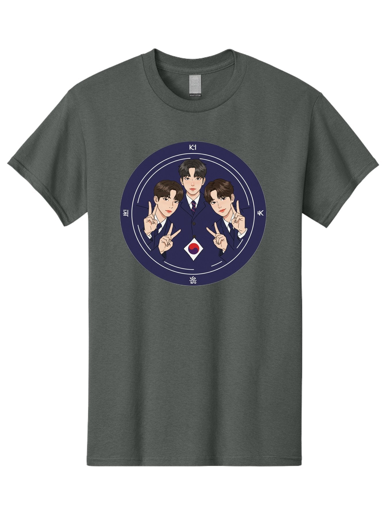 K-Pop-Idol-Trio Men'S Graphic Tee, 100% Cotton, Comfortable Casual Summer Wear, Machine Washable, K-Pop Group, Three Members, Blue Suits, Korean Flag, Peace Signs, K-Pop Fashion, Korean Pop Culture, Group Portrait, Stylish Hairstyles, Bac101