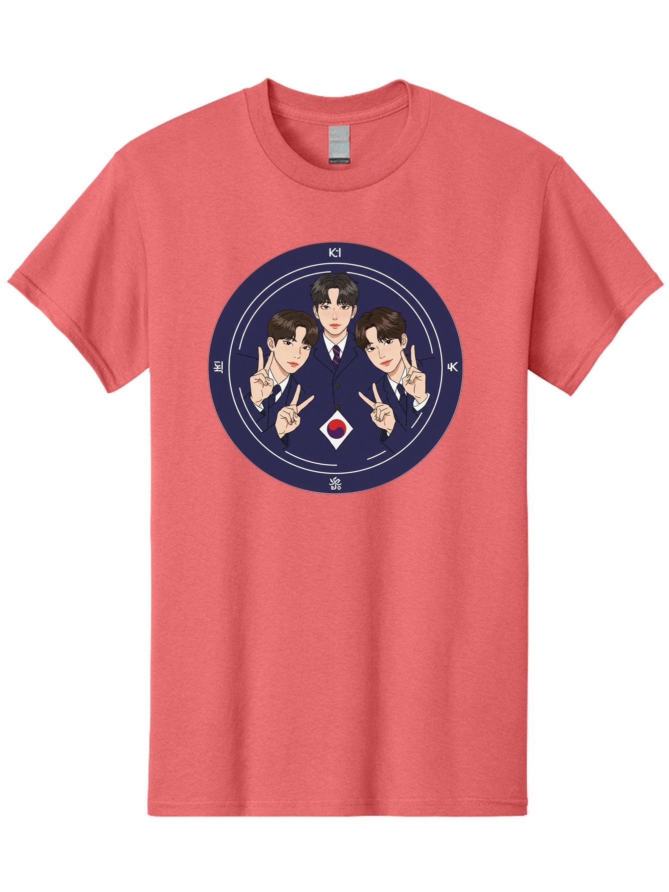 K-Pop-Idol-Trio Men'S Graphic Tee, 100% Cotton, Comfortable Casual Summer Wear, Machine Washable, K-Pop Group, Three Members, Blue Suits, Korean Flag, Peace Signs, K-Pop Fashion, Korean Pop Culture, Group Portrait, Stylish Hairstyles, Bac101 14