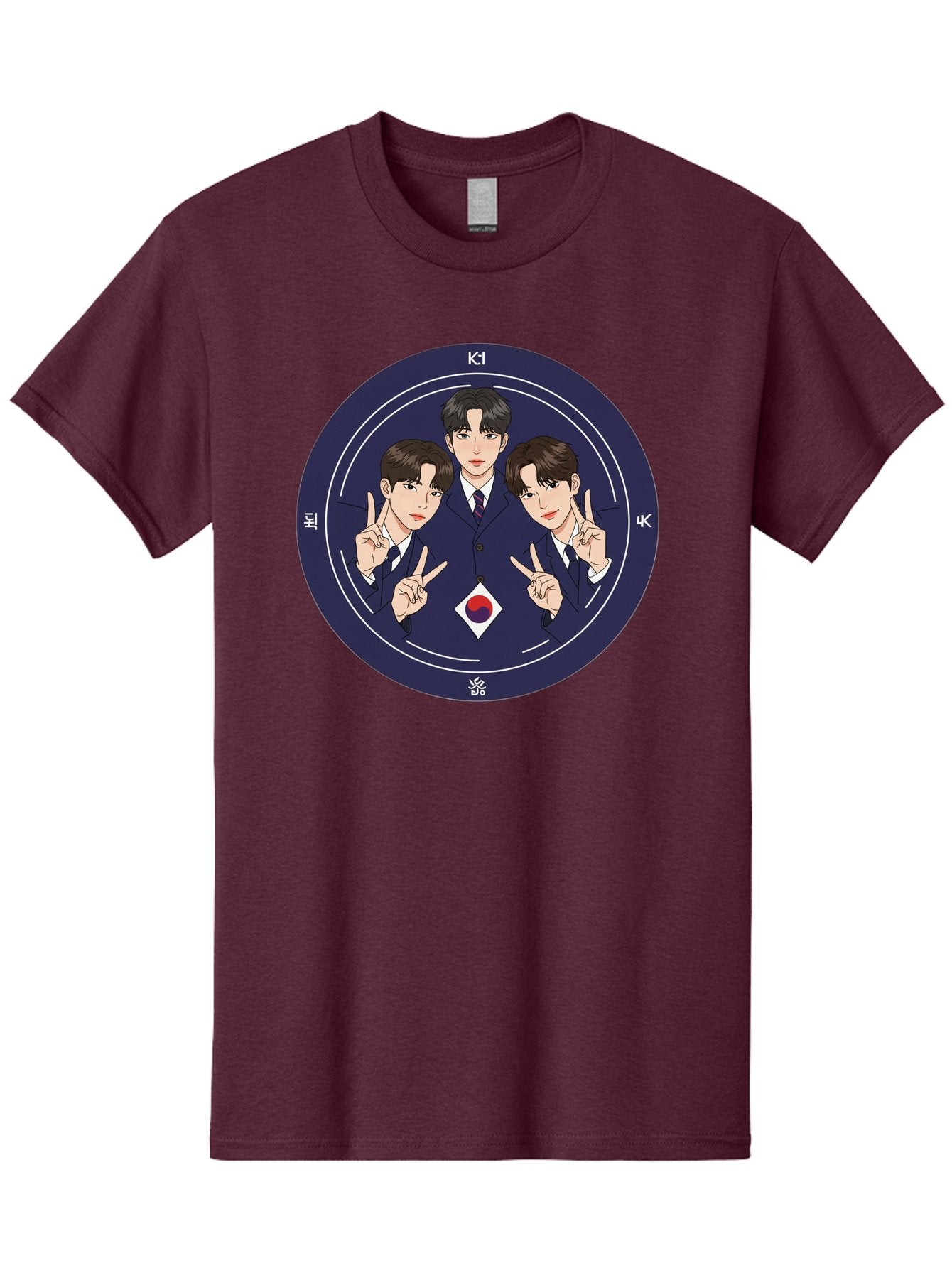 K-Pop-Idol-Trio Men'S Graphic Tee, 100% Cotton, Comfortable Casual Summer Wear, Machine Washable, K-Pop Group, Three Members, Blue Suits, Korean Flag, Peace Signs, K-Pop Fashion, Korean Pop Culture, Group Portrait, Stylish Hairstyles, Bac101 5
