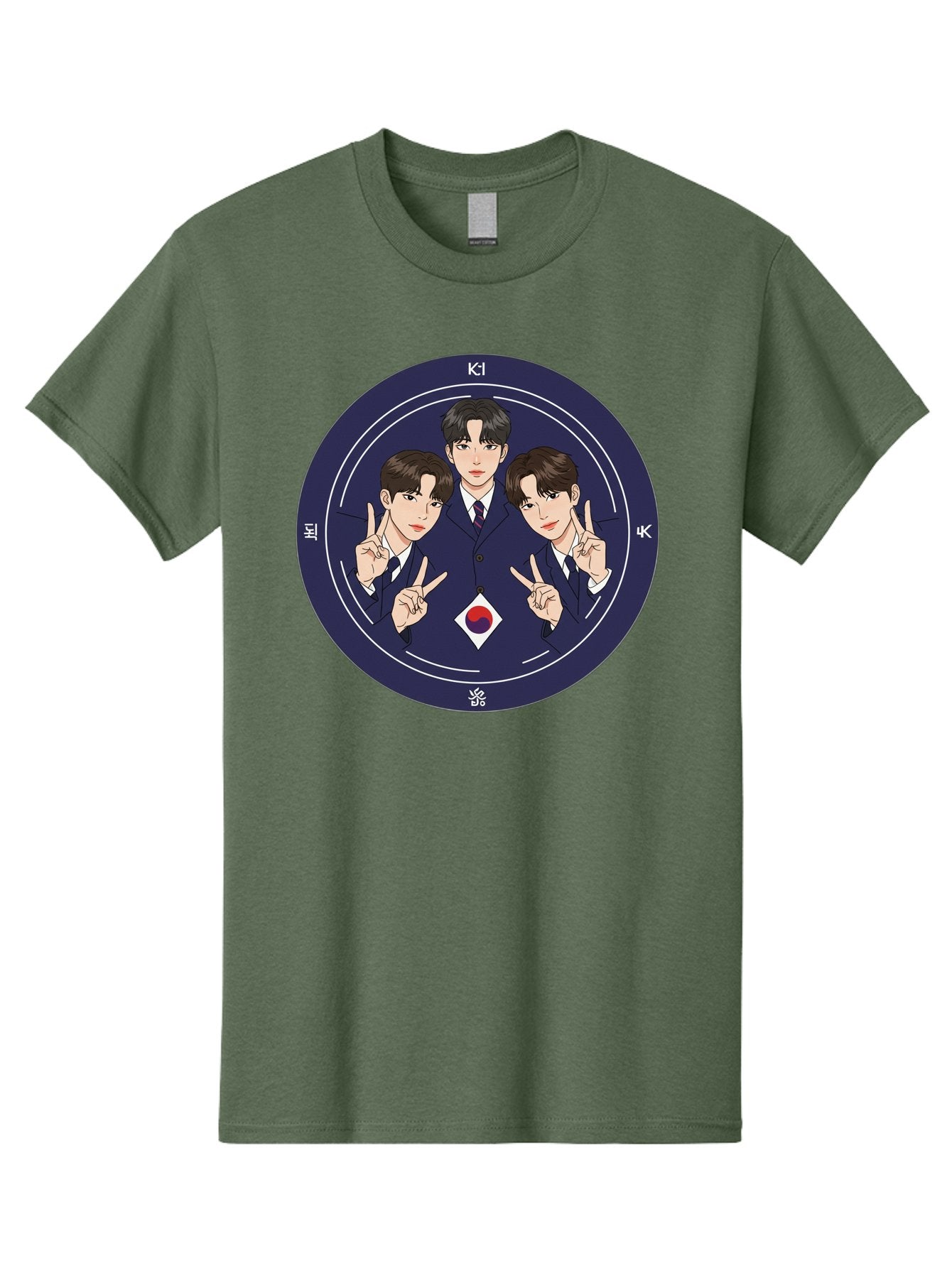 K-Pop-Idol-Trio Men'S Graphic Tee, 100% Cotton, Comfortable Casual Summer Wear, Machine Washable, K-Pop Group, Three Members, Blue Suits, Korean Flag, Peace Signs, K-Pop Fashion, Korean Pop Culture, Group Portrait, Stylish Hairstyles, Bac101 10