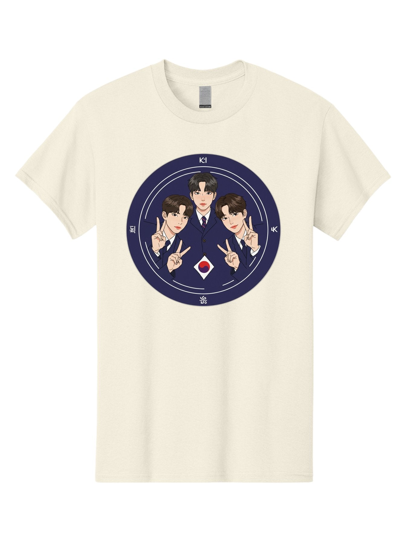 K-Pop-Idol-Trio Men'S Graphic Tee, 100% Cotton, Comfortable Casual Summer Wear, Machine Washable, K-Pop Group, Three Members, Blue Suits, Korean Flag, Peace Signs, K-Pop Fashion, Korean Pop Culture, Group Portrait, Stylish Hairstyles, Bac101