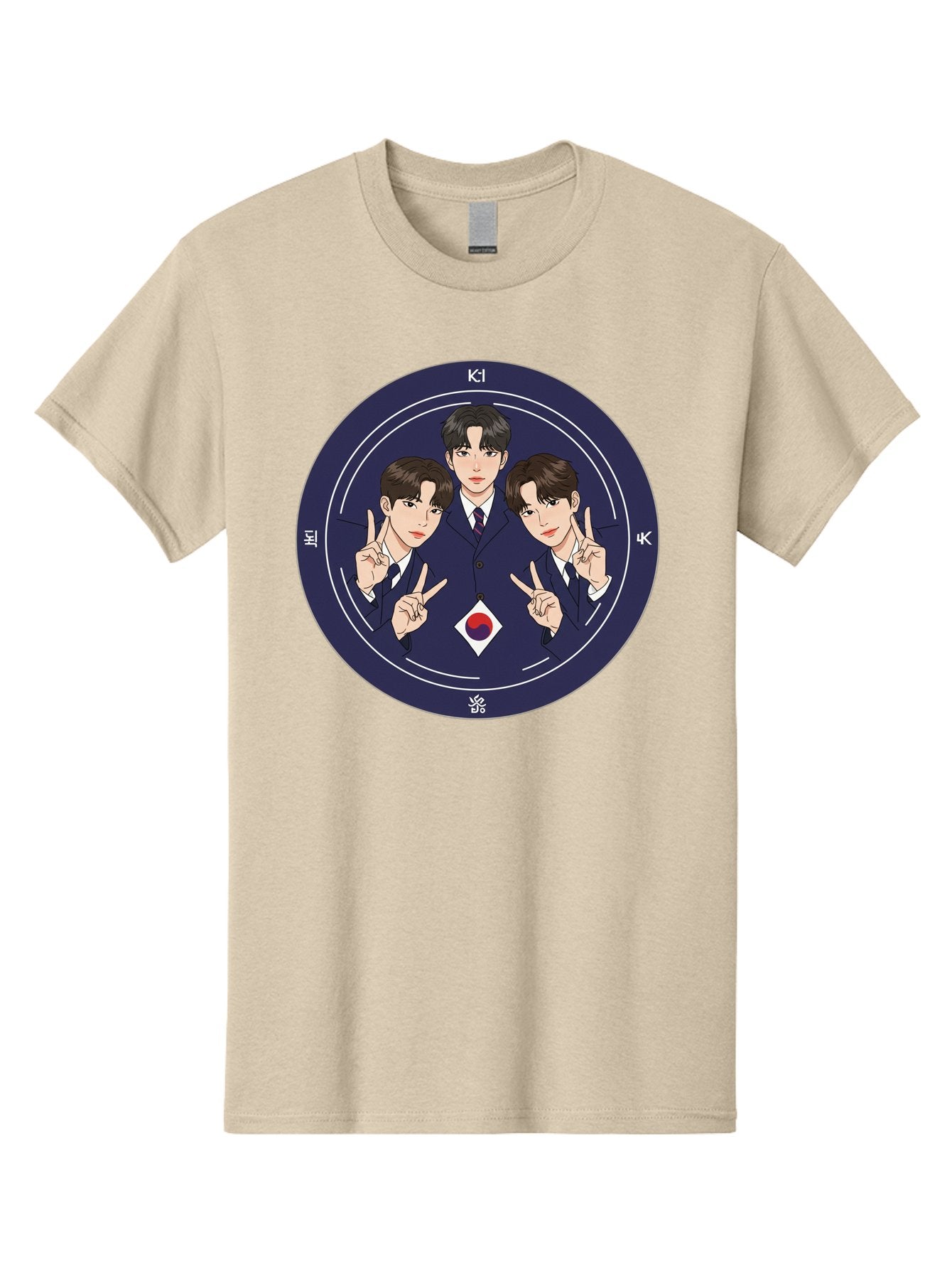 K-Pop-Idol-Trio Men'S Graphic Tee, 100% Cotton, Comfortable Casual Summer Wear, Machine Washable, K-Pop Group, Three Members, Blue Suits, Korean Flag, Peace Signs, K-Pop Fashion, Korean Pop Culture, Group Portrait, Stylish Hairstyles, Bac101 15