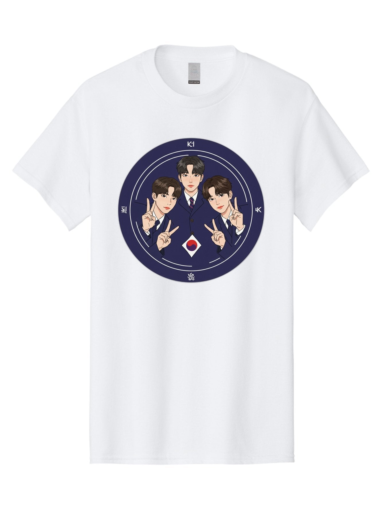K-Pop-Idol-Trio Men'S Graphic Tee, 100% Cotton, Comfortable Casual Summer Wear, Machine Washable, K-Pop Group, Three Members, Blue Suits, Korean Flag, Peace Signs, K-Pop Fashion, Korean Pop Culture, Group Portrait, Stylish Hairstyles, Bac101 13