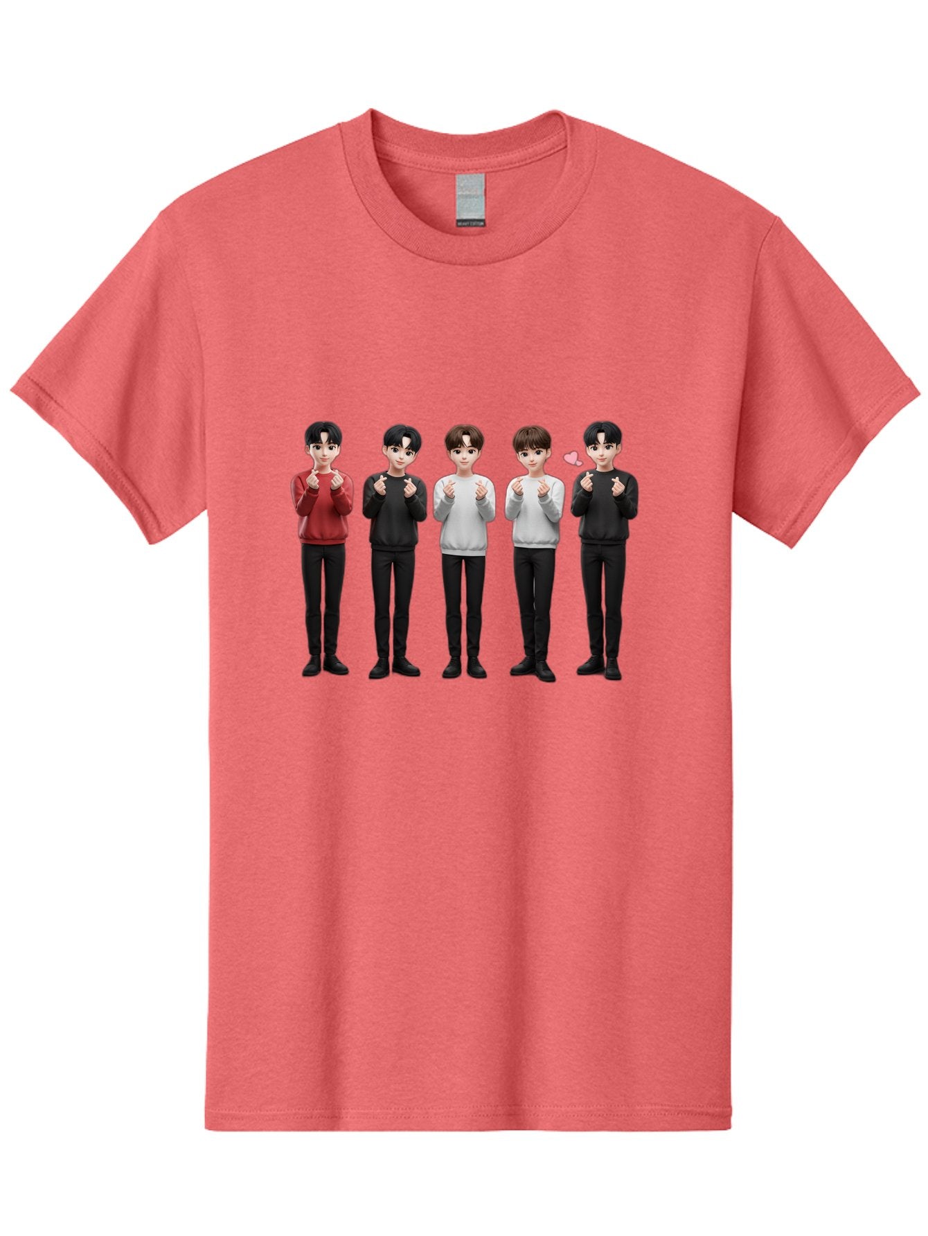 K-Pop-Idols Men'S Graphic Tee, 100% Cotton, Comfortable Casual Summer Wear, Machine Washable, 3D Cartoon Characters, Young Men, Black Hair, Varied Sweaters, Black Pants, Hand Gestures, Fist Bumps, Heart Symbol, Digital Art, Kawaii Style, Bac102 3