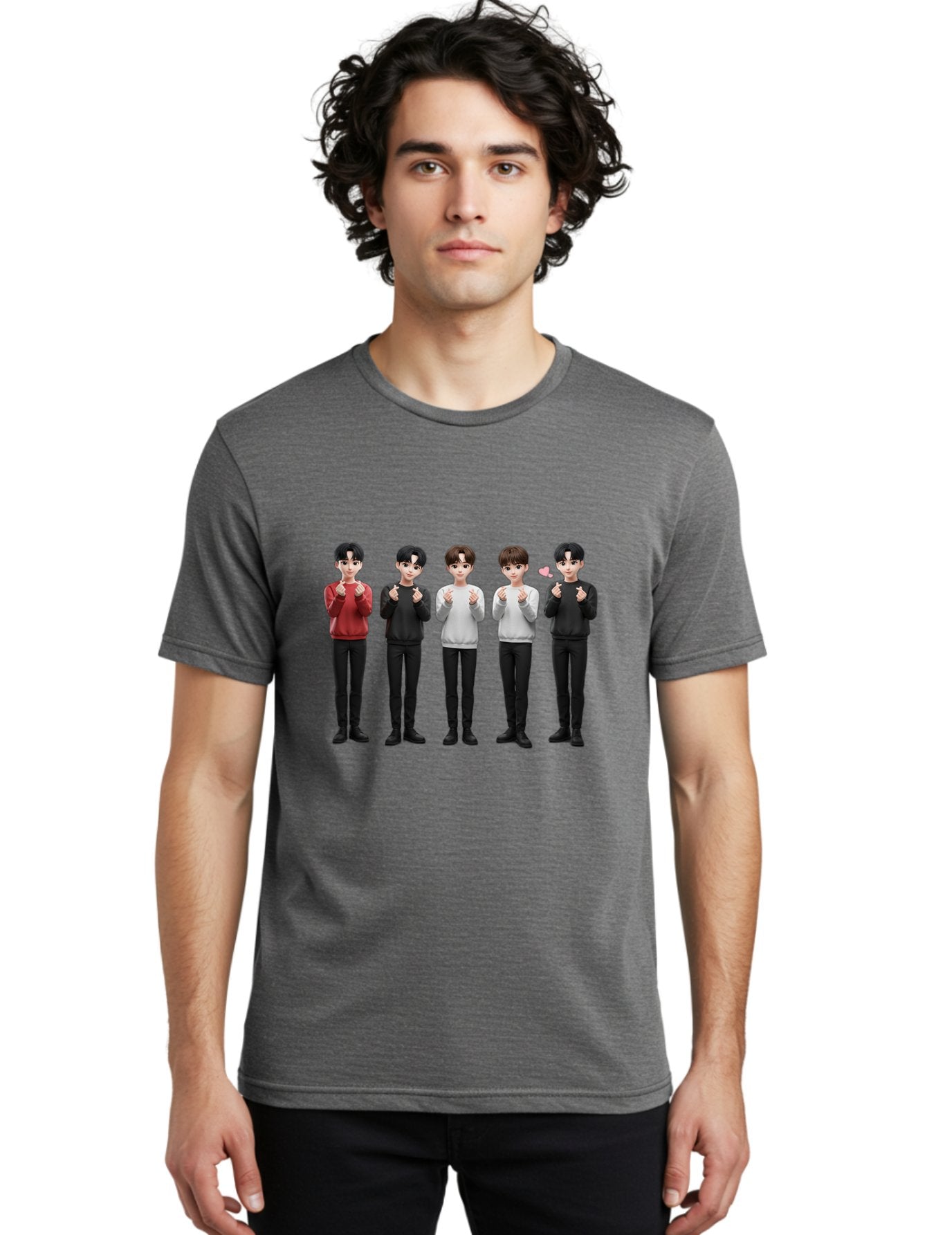 K-Pop-Idols Men'S Graphic Tee, 100% Cotton, Comfortable Casual Summer Wear, Machine Washable, 3D Cartoon Characters, Young Men, Black Hair, Varied Sweaters, Black Pants, Hand Gestures, Fist Bumps, Heart Symbol, Digital Art, Kawaii Style, Bac102 16