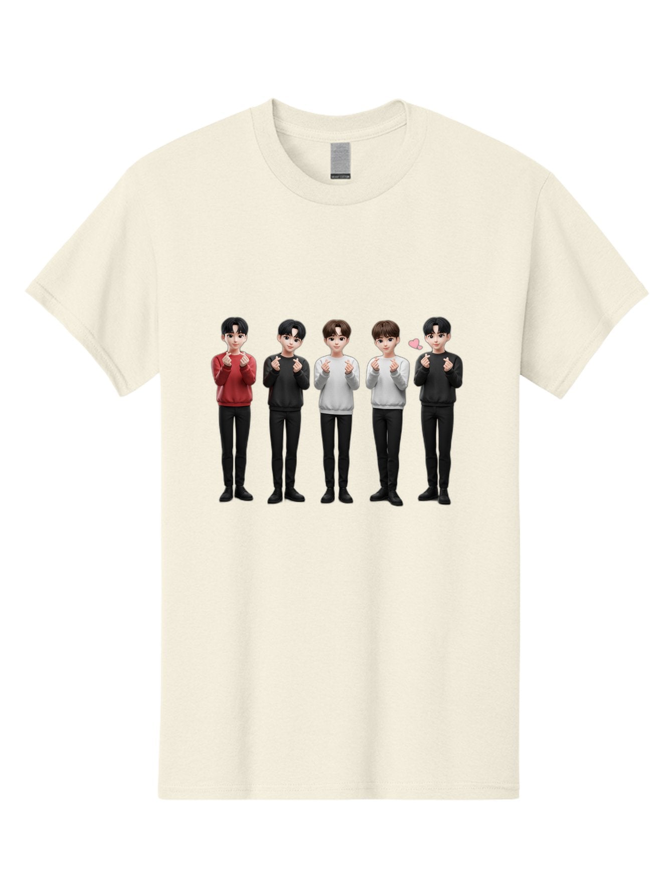 K-Pop-Idols Men'S Graphic Tee, 100% Cotton, Comfortable Casual Summer Wear, Machine Washable, 3D Cartoon Characters, Young Men, Black Hair, Varied Sweaters, Black Pants, Hand Gestures, Fist Bumps, Heart Symbol, Digital Art, Kawaii Style, Bac102 10