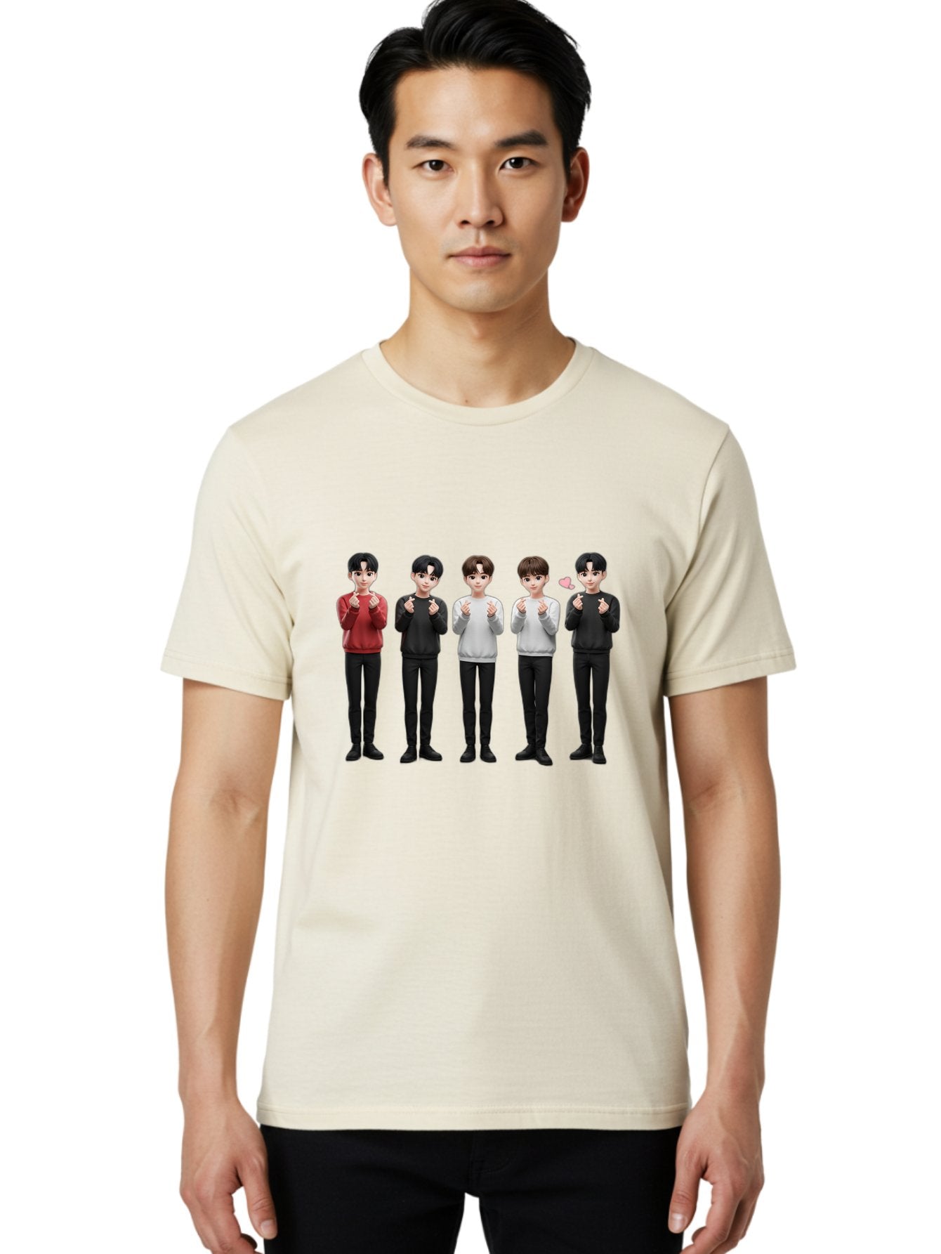 K-Pop-Idols Men'S Graphic Tee, 100% Cotton, Comfortable Casual Summer Wear, Machine Washable, 3D Cartoon Characters, Young Men, Black Hair, Varied Sweaters, Black Pants, Hand Gestures, Fist Bumps, Heart Symbol, Digital Art, Kawaii Style, Bac102 17