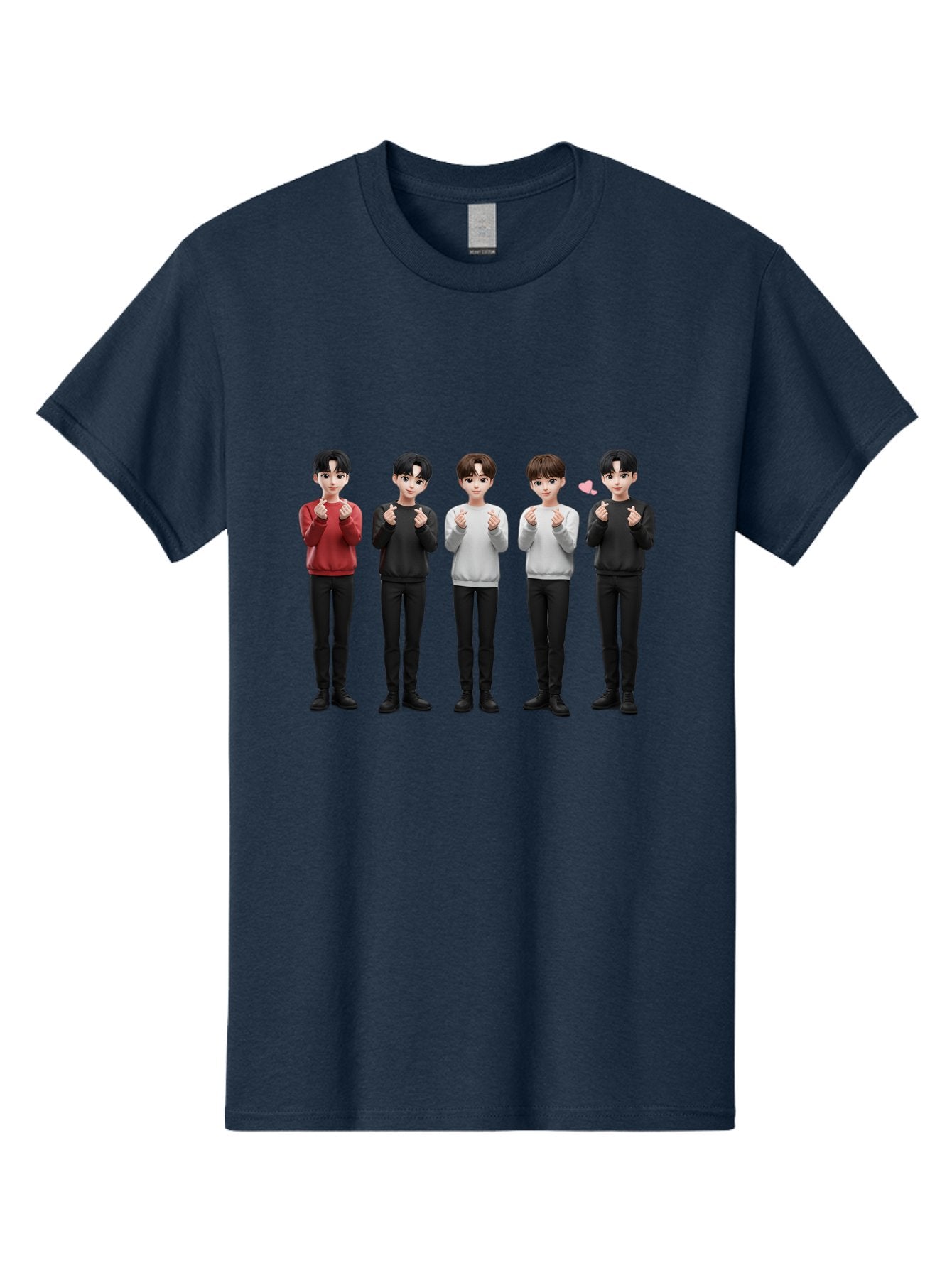 K-Pop-Idols Men'S Graphic Tee, 100% Cotton, Comfortable Casual Summer Wear, Machine Washable, 3D Cartoon Characters, Young Men, Black Hair, Varied Sweaters, Black Pants, Hand Gestures, Fist Bumps, Heart Symbol, Digital Art, Kawaii Style, Bac102 9