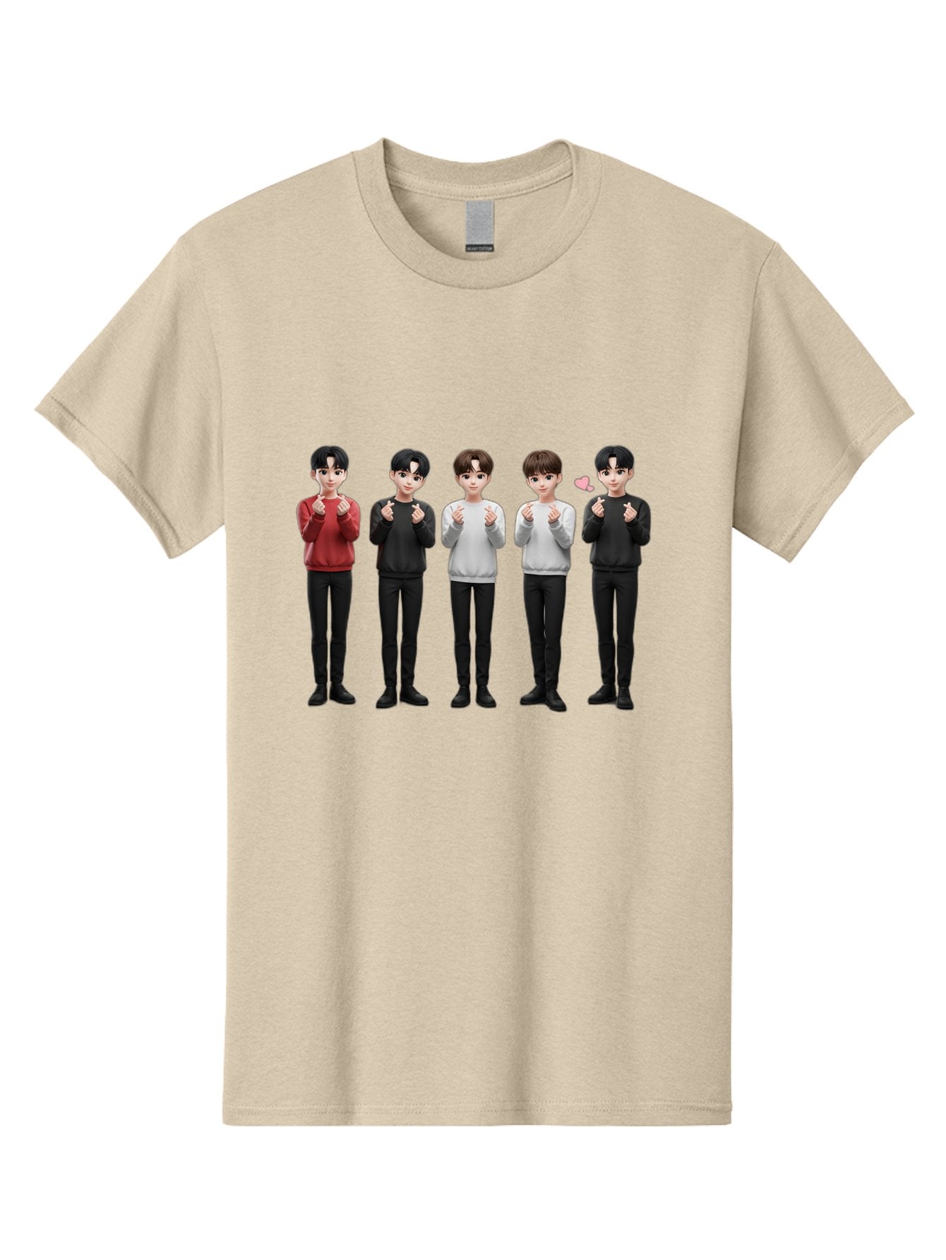 K-Pop-Idols Men'S Graphic Tee, 100% Cotton, Comfortable Casual Summer Wear, Machine Washable, 3D Cartoon Characters, Young Men, Black Hair, Varied Sweaters, Black Pants, Hand Gestures, Fist Bumps, Heart Symbol, Digital Art, Kawaii Style, Bac102 6