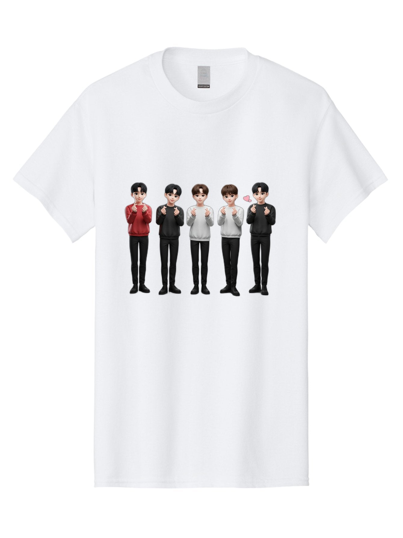 K-Pop-Idols Men'S Graphic Tee, 100% Cotton, Comfortable Casual Summer Wear, Machine Washable, 3D Cartoon Characters, Young Men, Black Hair, Varied Sweaters, Black Pants, Hand Gestures, Fist Bumps, Heart Symbol, Digital Art, Kawaii Style, Bac102 13