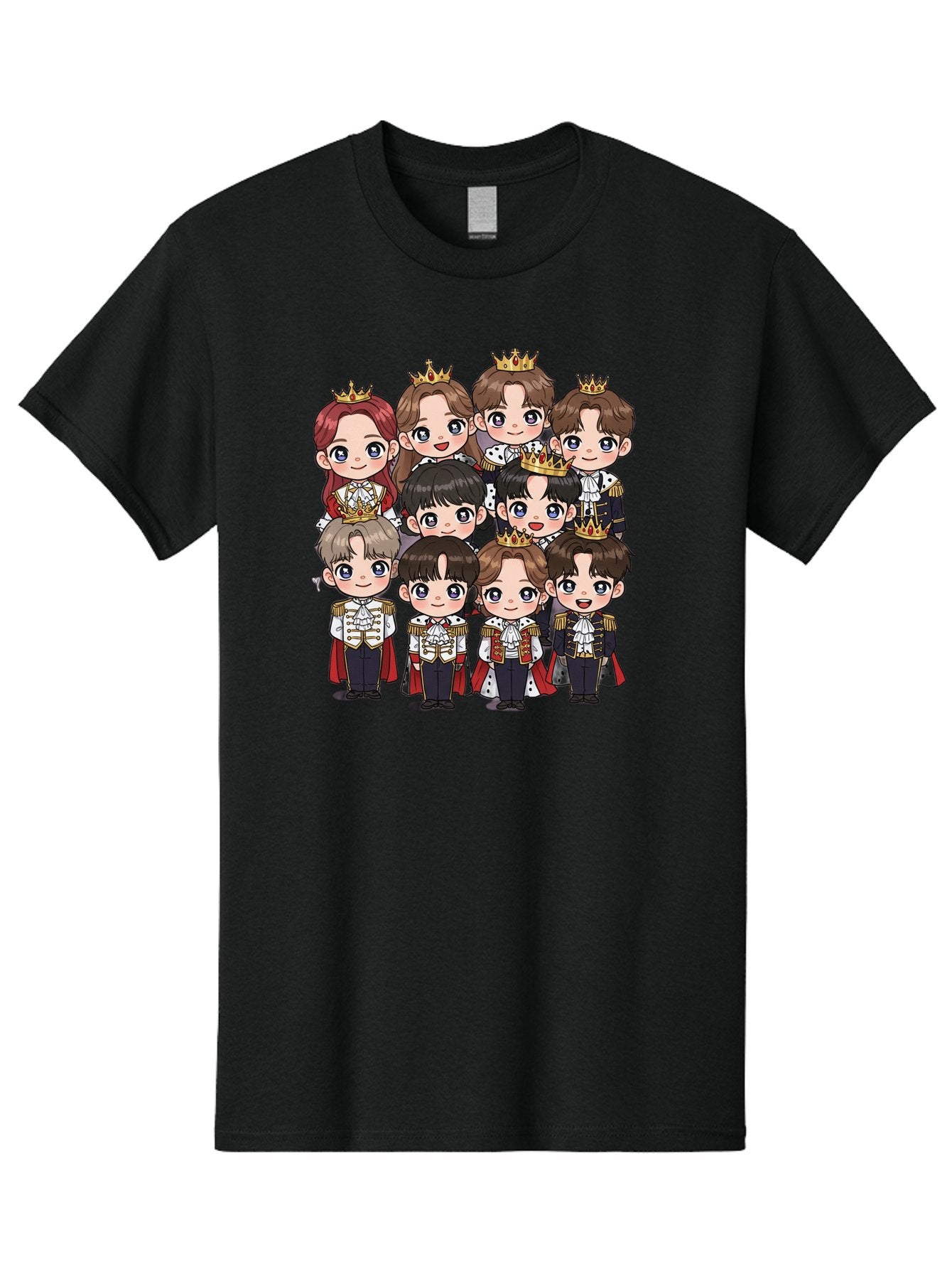 K-Pop-Royalty Men'S Graphic Tee, 100% Cotton, Comfortable Casual Summer Wear, Machine Washable, K-Pop Group, Cartoon Characters, Royal Attire, Crowned Figures, Chibi Style, Cuteness Overload, Idols, Fashion Icons, Cartoon Illustrations Bac103 5