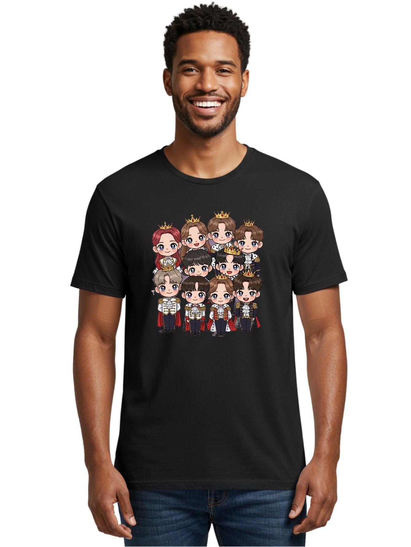 K-Pop-Royalty Men'S Graphic Tee, 100% Cotton, Comfortable Casual Summer Wear, Machine Washable, K-Pop Group, Cartoon Characters, Royal Attire, Crowned Figures, Chibi Style, Cuteness Overload, Idols, Fashion Icons, Cartoon Illustrations Bac103 23