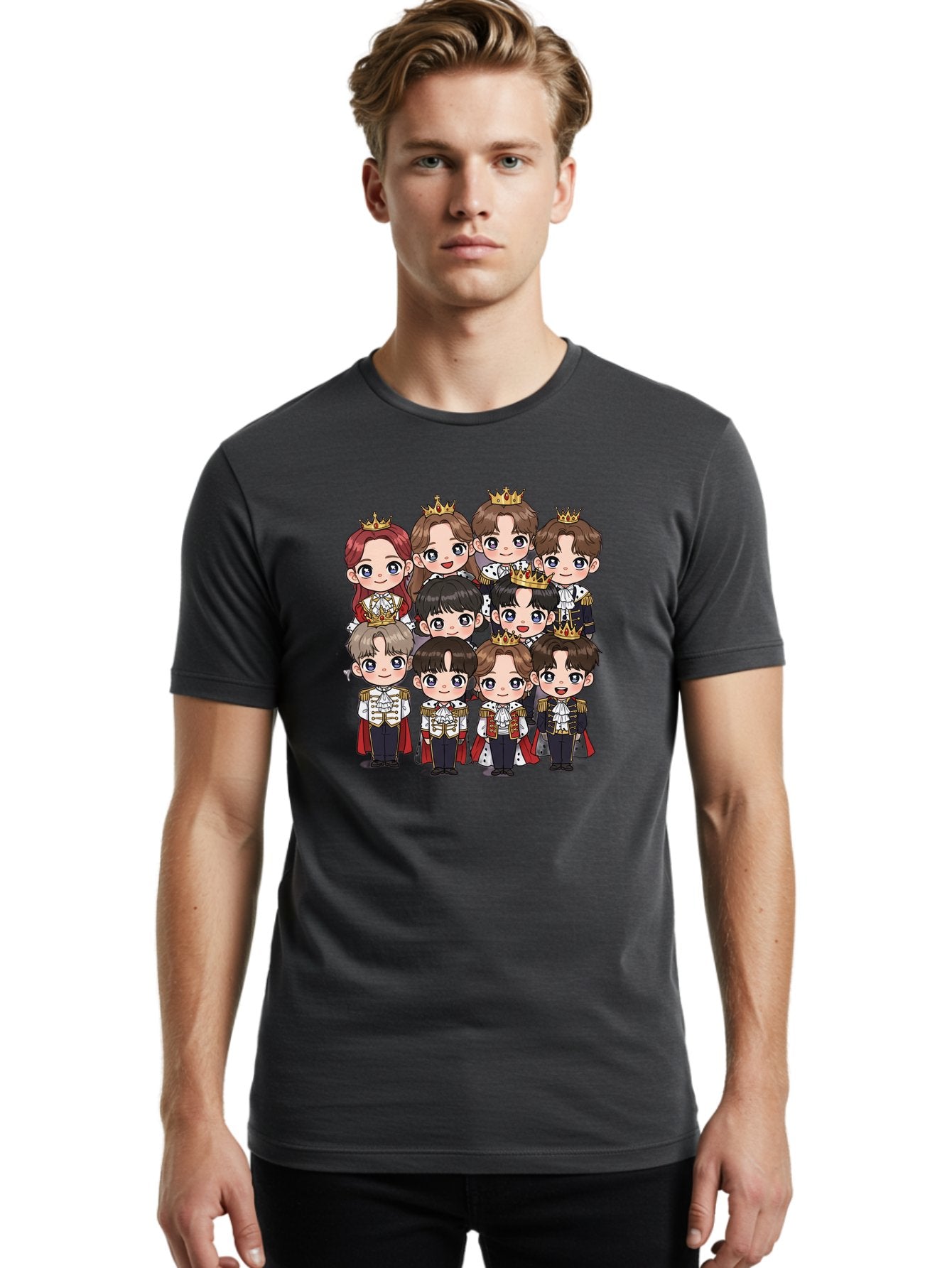 K-Pop-Royalty Men'S Graphic Tee, 100% Cotton, Comfortable Casual Summer Wear, Machine Washable, K-Pop Group, Cartoon Characters, Royal Attire, Crowned Figures, Chibi Style, Cuteness Overload, Idols, Fashion Icons, Cartoon Illustrations Bac103 25