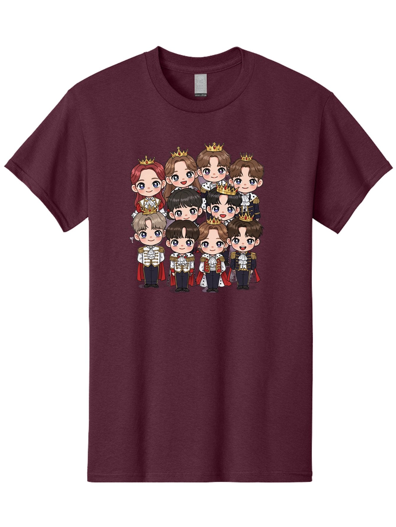 K-Pop-Royalty Men'S Graphic Tee, 100% Cotton, Comfortable Casual Summer Wear, Machine Washable, K-Pop Group, Cartoon Characters, Royal Attire, Crowned Figures, Chibi Style, Cuteness Overload, Idols, Fashion Icons, Cartoon Illustrations Bac103