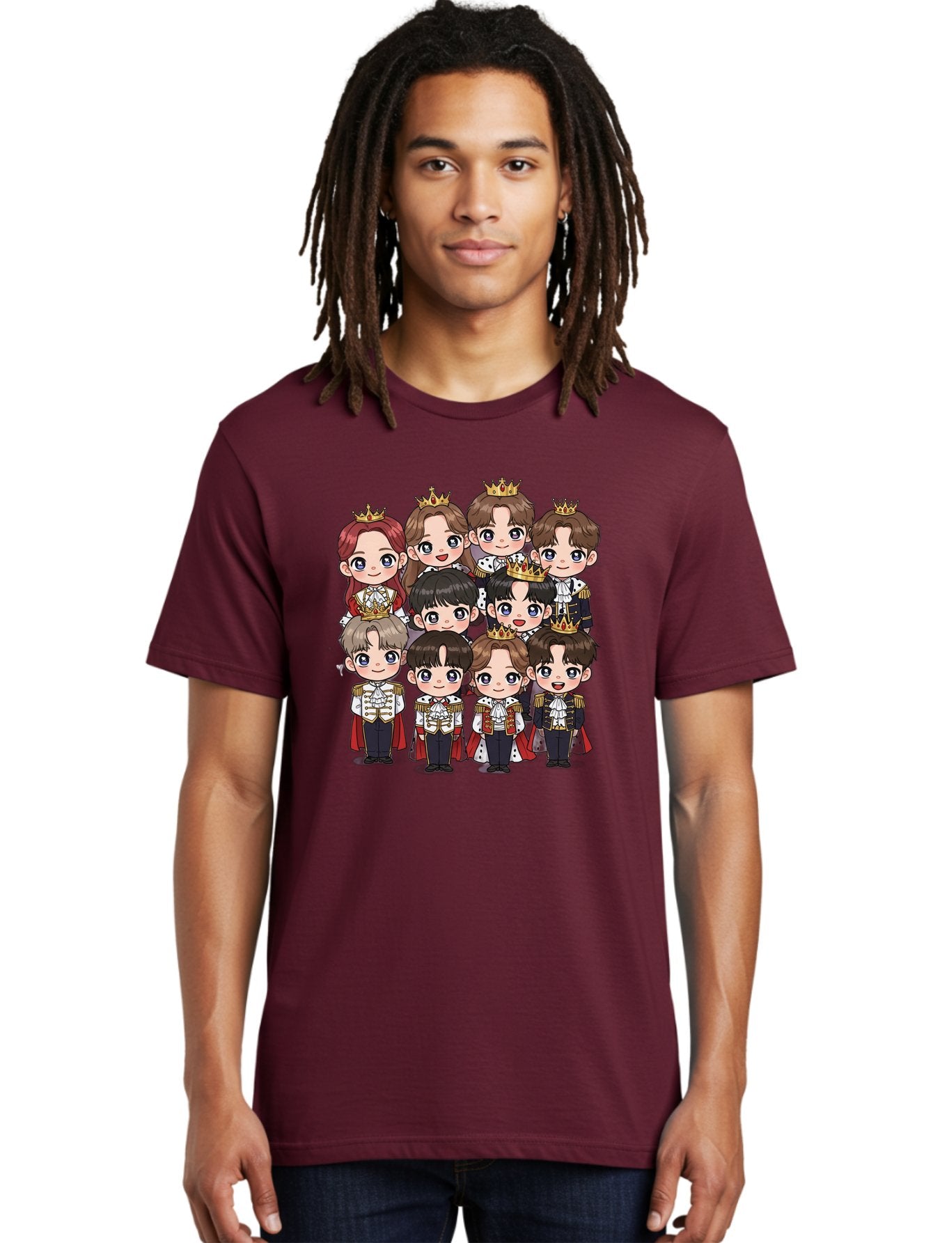 K-Pop-Royalty Men'S Graphic Tee, 100% Cotton, Comfortable Casual Summer Wear, Machine Washable, K-Pop Group, Cartoon Characters, Royal Attire, Crowned Figures, Chibi Style, Cuteness Overload, Idols, Fashion Icons, Cartoon Illustrations Bac103 21